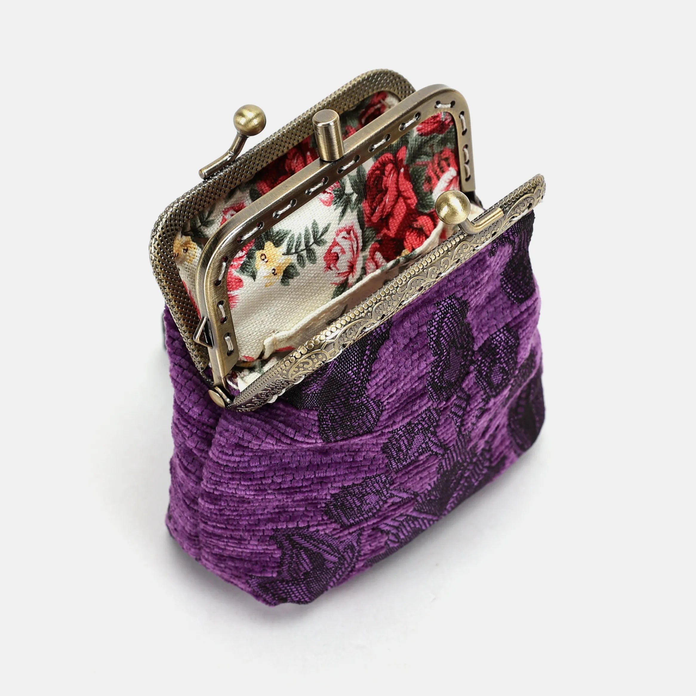 Victorian Blossom Purple Double Kiss Clasp Coin Purse Carpetbag of America opening