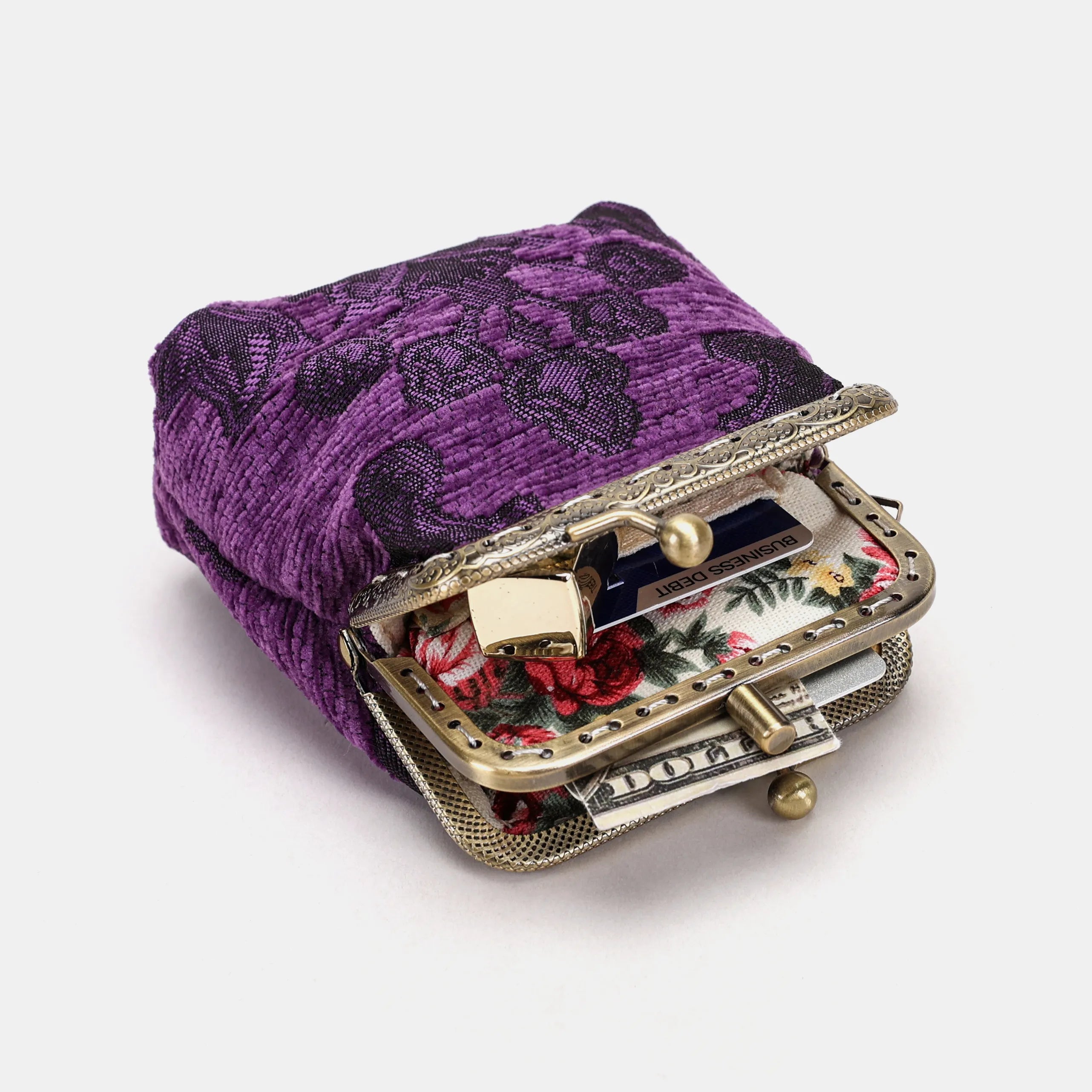 Victorian Blossom Purple Double Kiss Clasp Coin Purse Carpetbag of America with cards