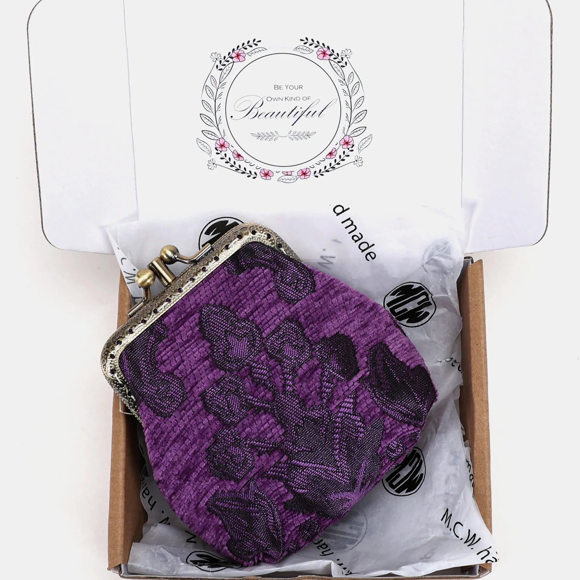Victorian Blossom Purple Double Kiss Clasp Coin Purse Carpetbag of America package detail
