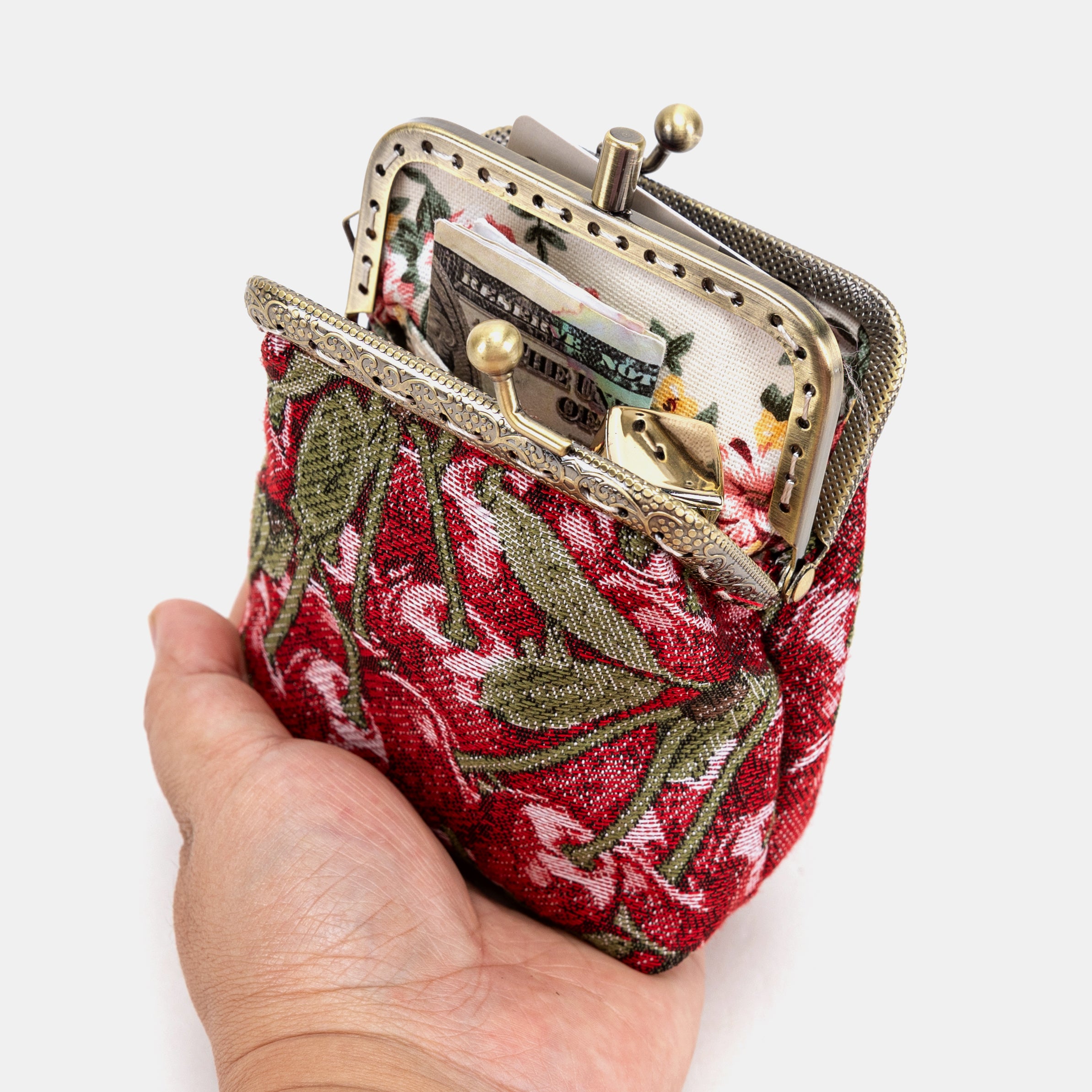 Cherry Cascade Double Kiss Clasp Coin Purse of America holding