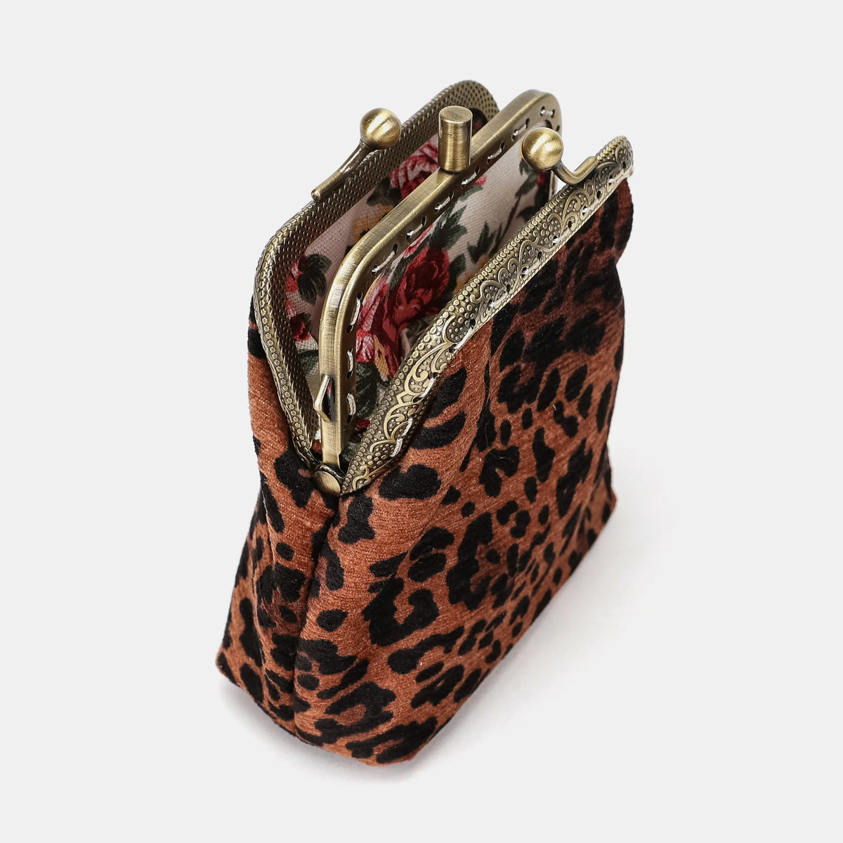 Leopard Classic Double Kiss Clasp Coin Purse Carpetbag of America stand