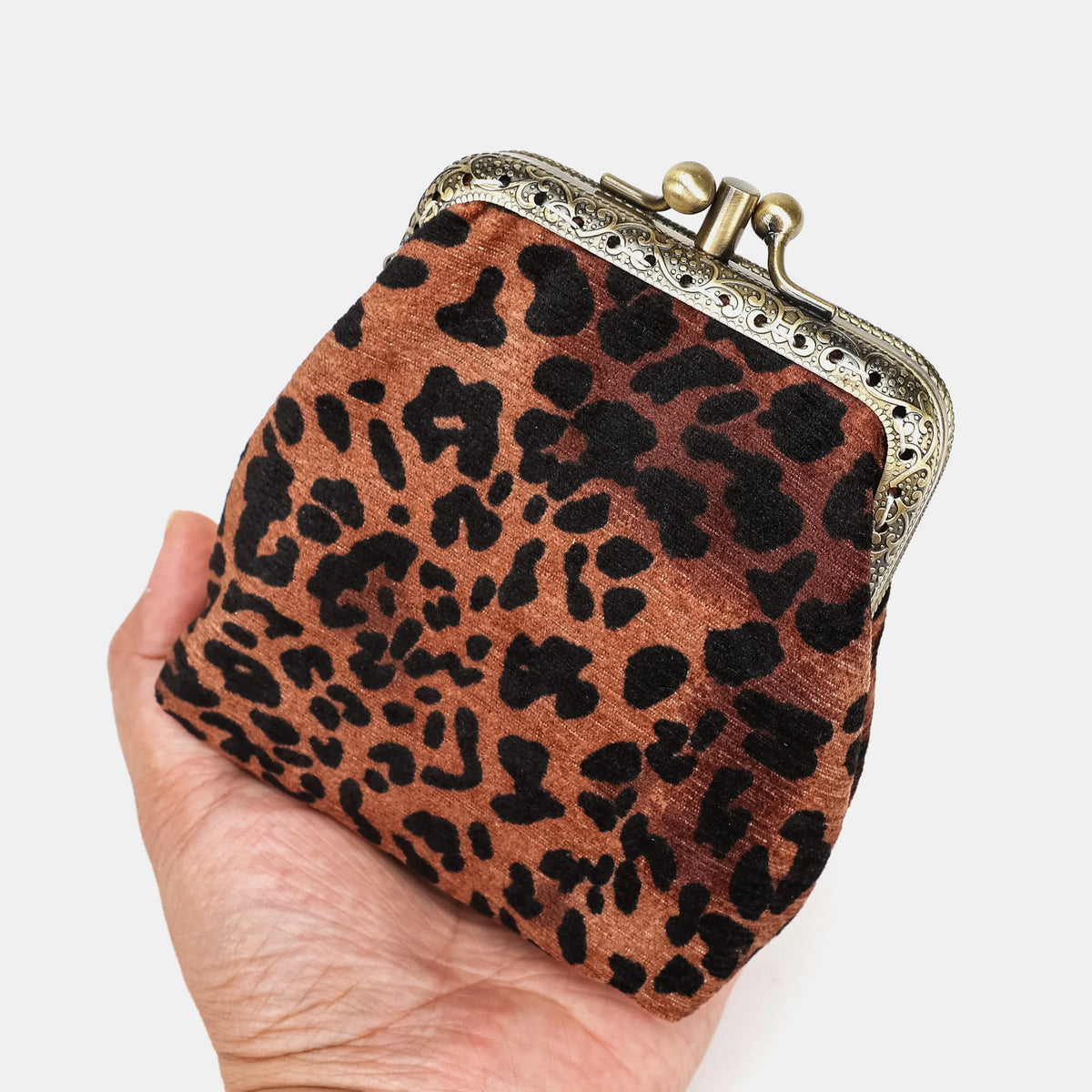 Leopard Classic Double Kiss Clasp Coin Purse Carpetbag of America holding