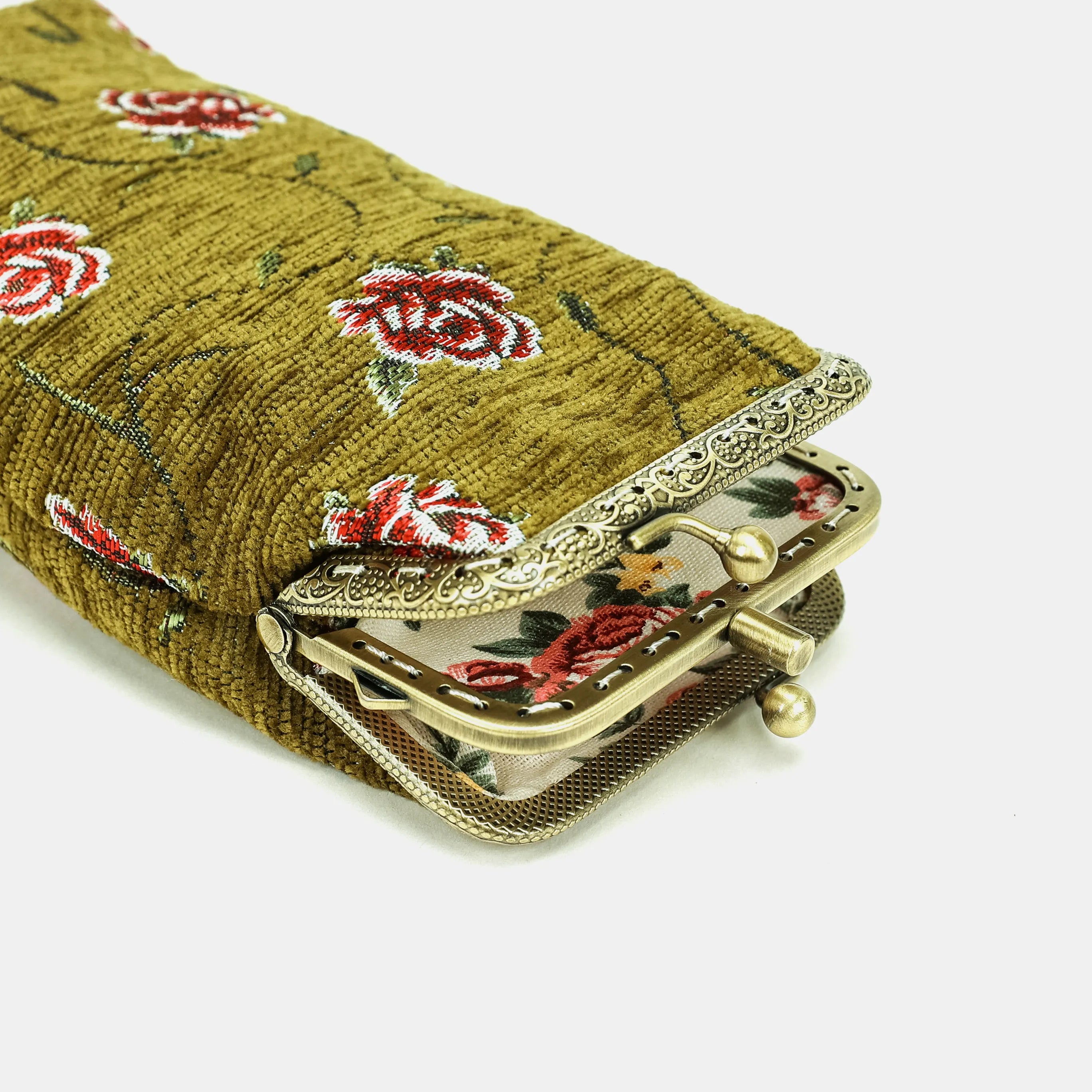 Climbing Rose Avocado Eyeglasses Carpet Case Carpetbag of America open