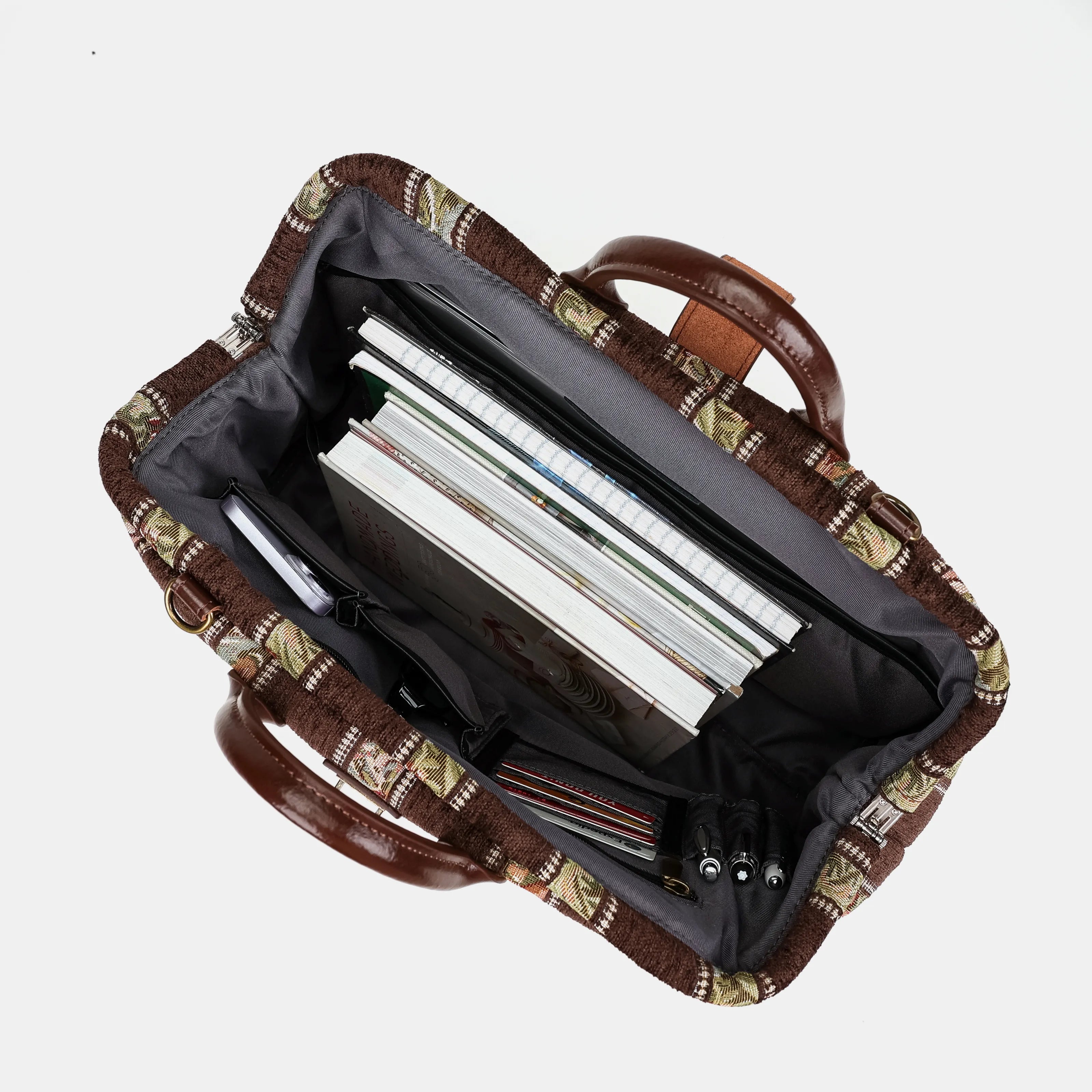 Floral Stripes Brown Laptop Work Bag Carpetbag of America in use