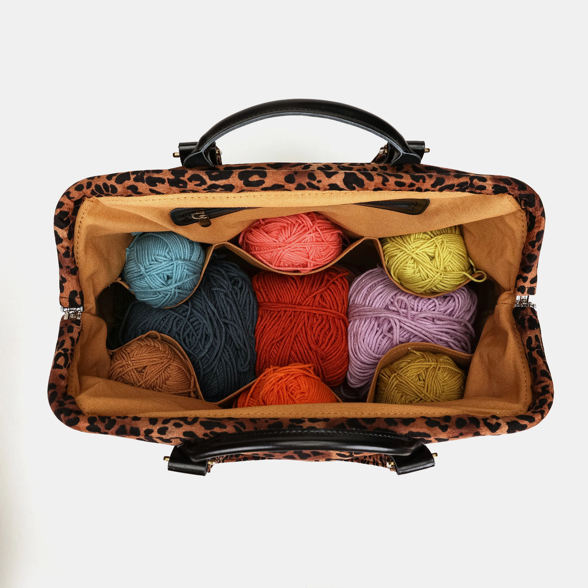 Leopard Classic Knitting Project Bag Carpetbag of America in use