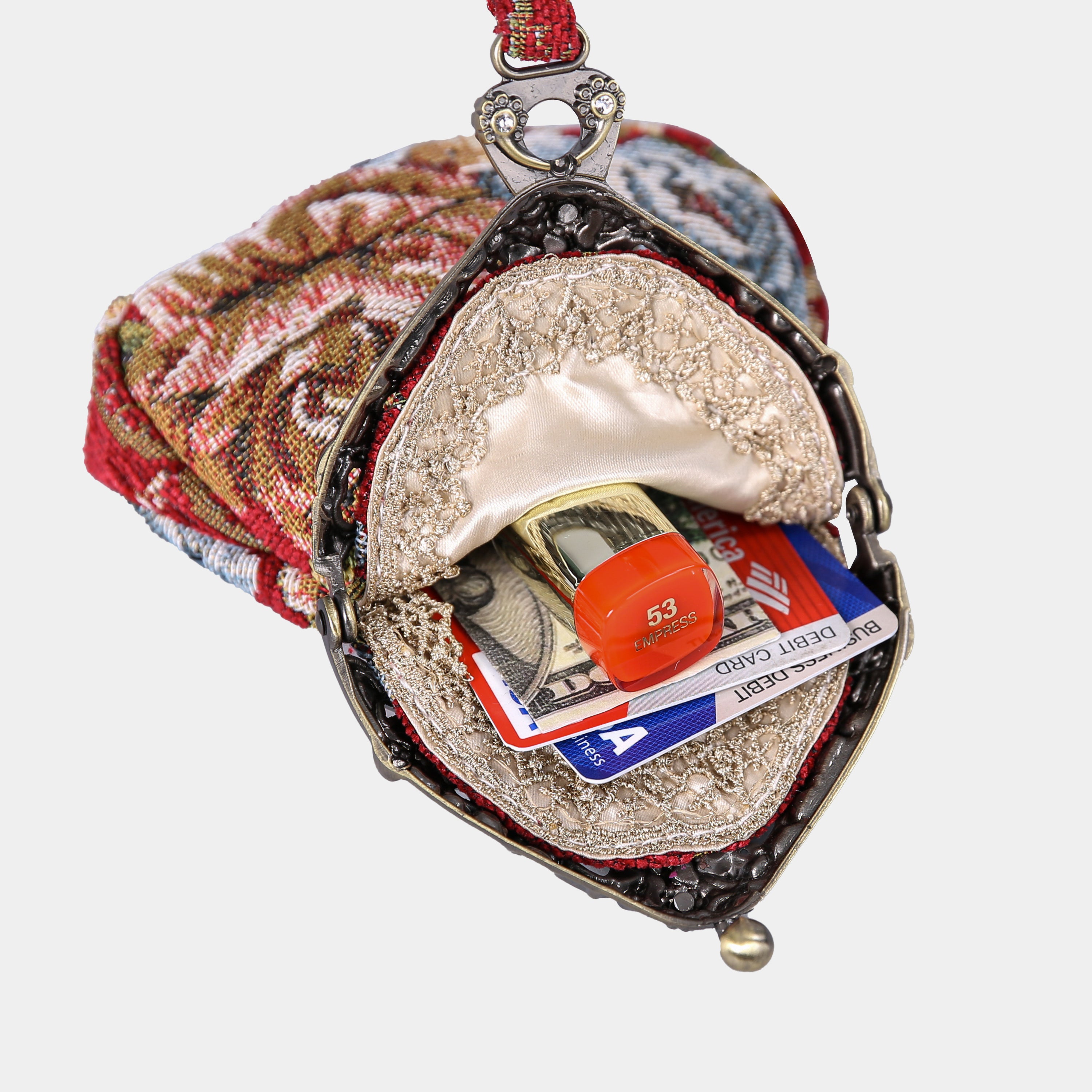 Queen Floral Red Chatelaine Purse Wristlet Bag carpet bag MCW Handmade-2