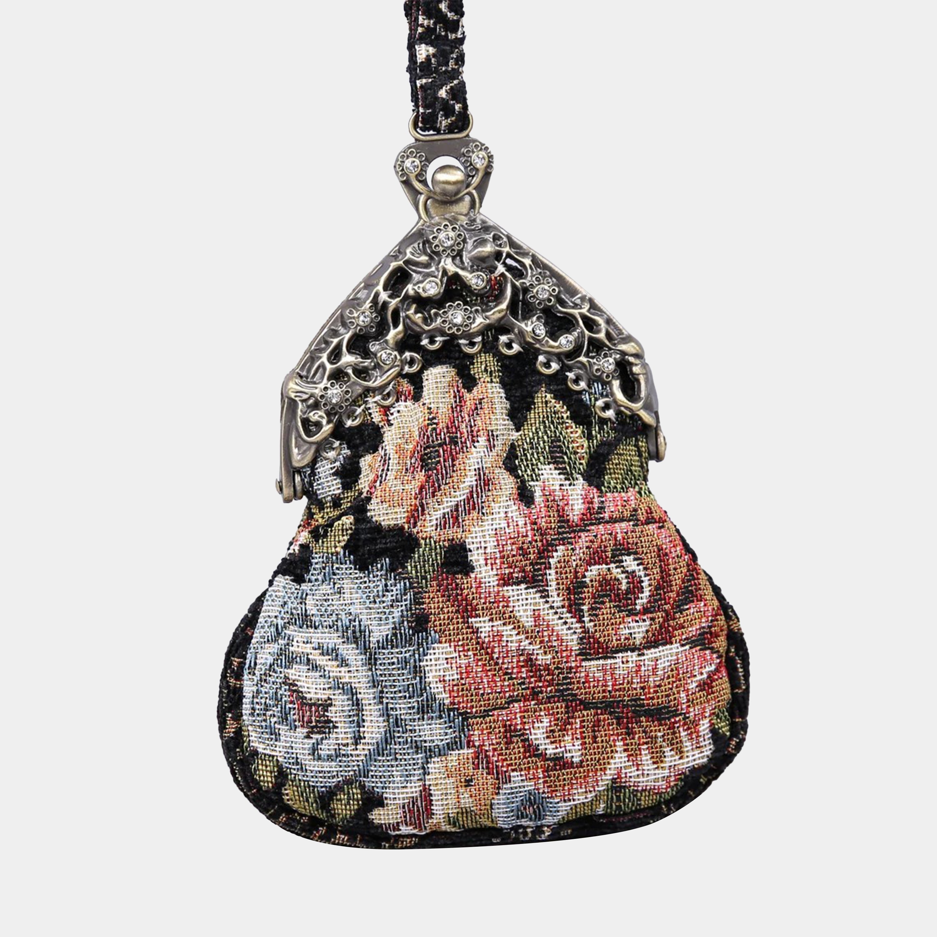 Floral Black Chatelaine Purse Wristlet Bag carpet bag MCW Handmade