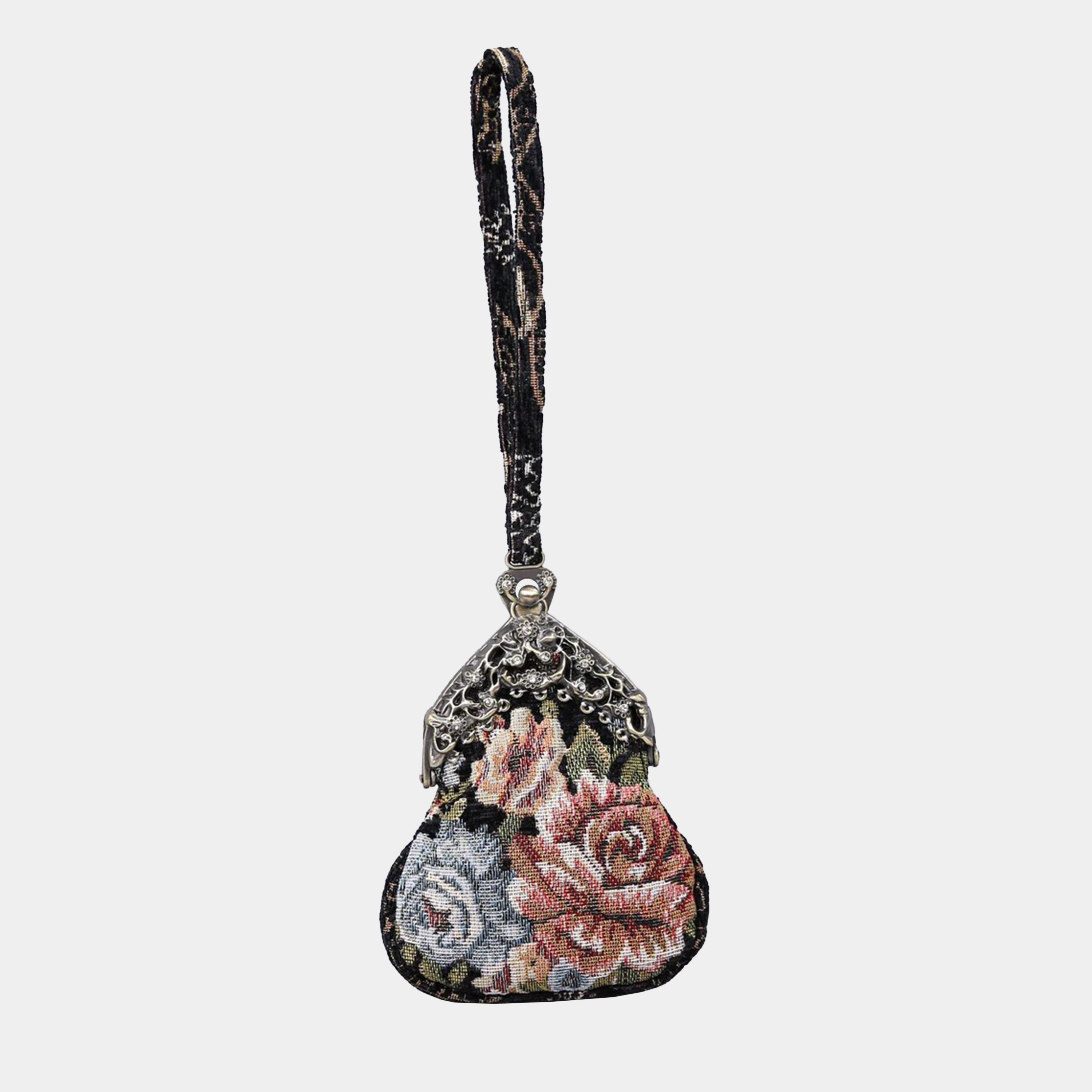 Floral Black Chatelaine Purse Wristlet Bag carpet bag MCW Handmade-1