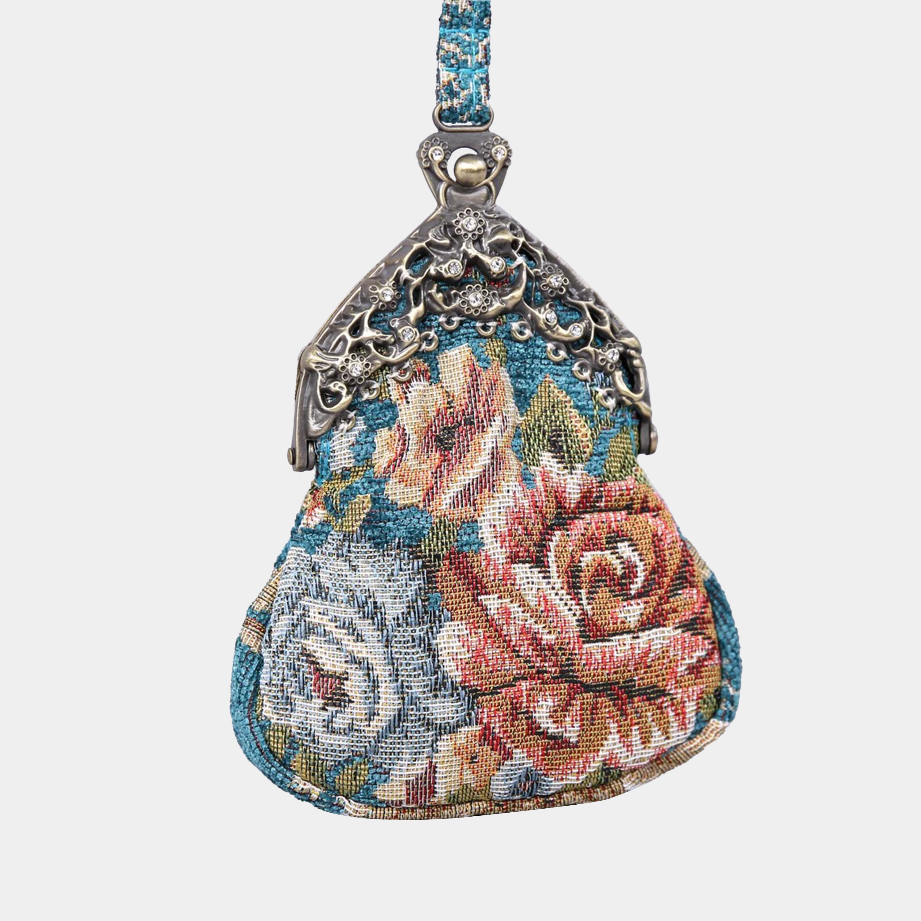 Floral Teal Chatelaine Purse Wristlet Bag carpet bag MCW Handmade