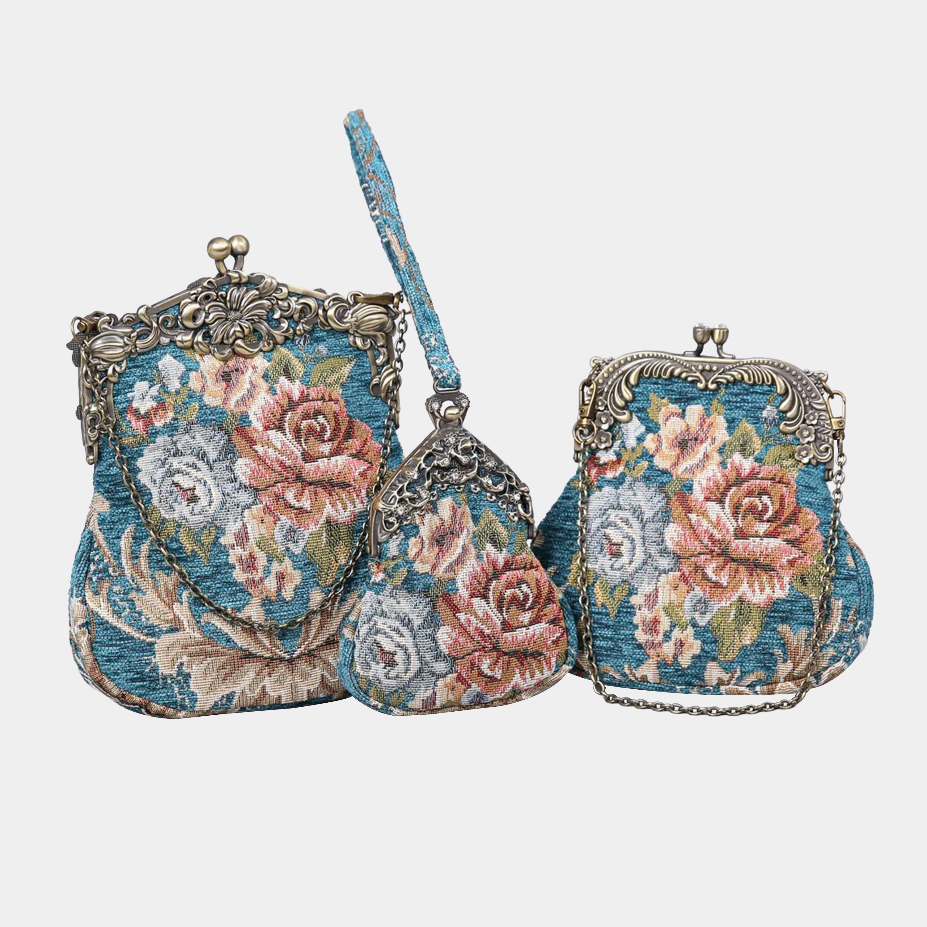 Floral Teal Chatelaine Purse Medium carpet bag MCW Handmade-6