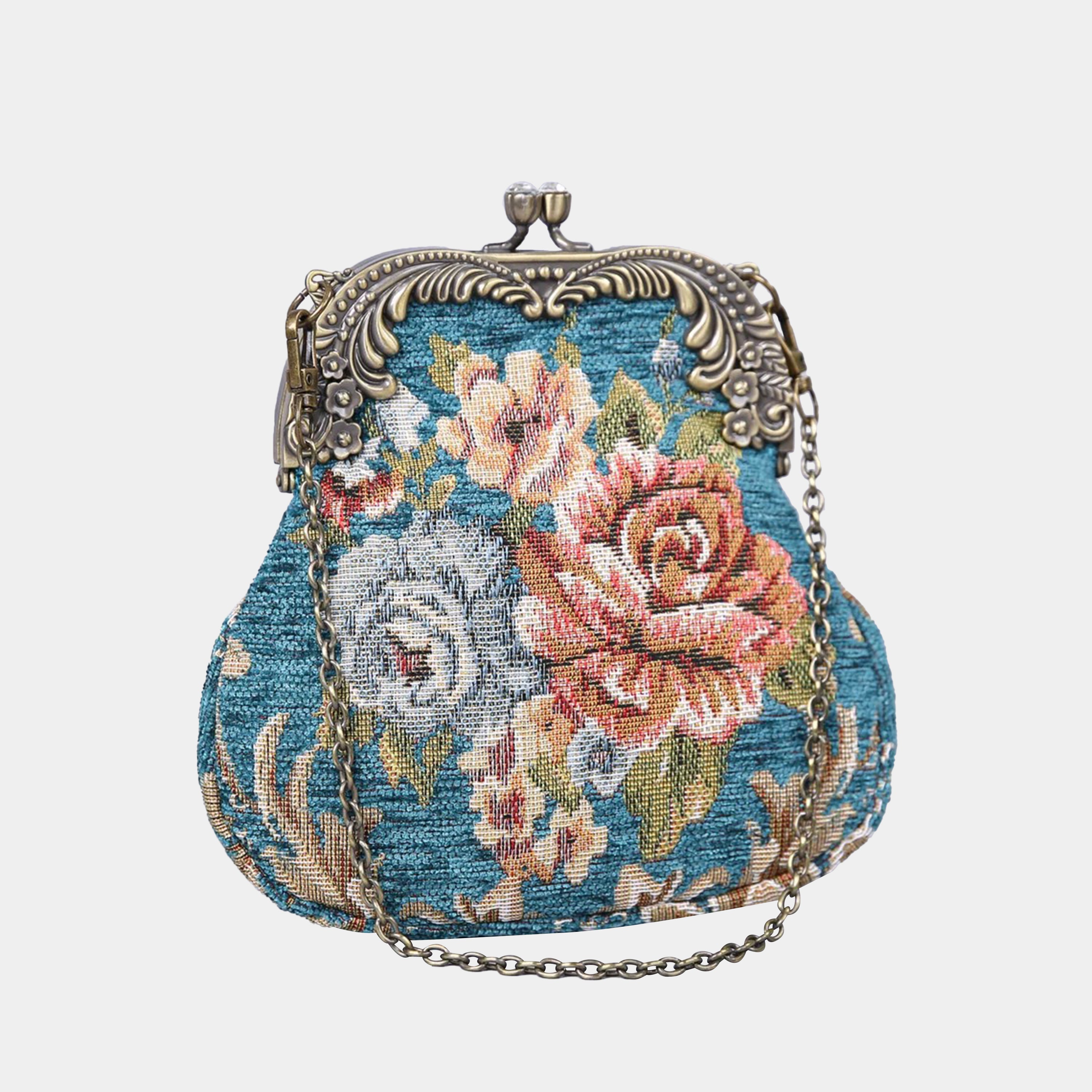 Floral Teal Chatelaine Purse Medium carpet bag MCW Handmade