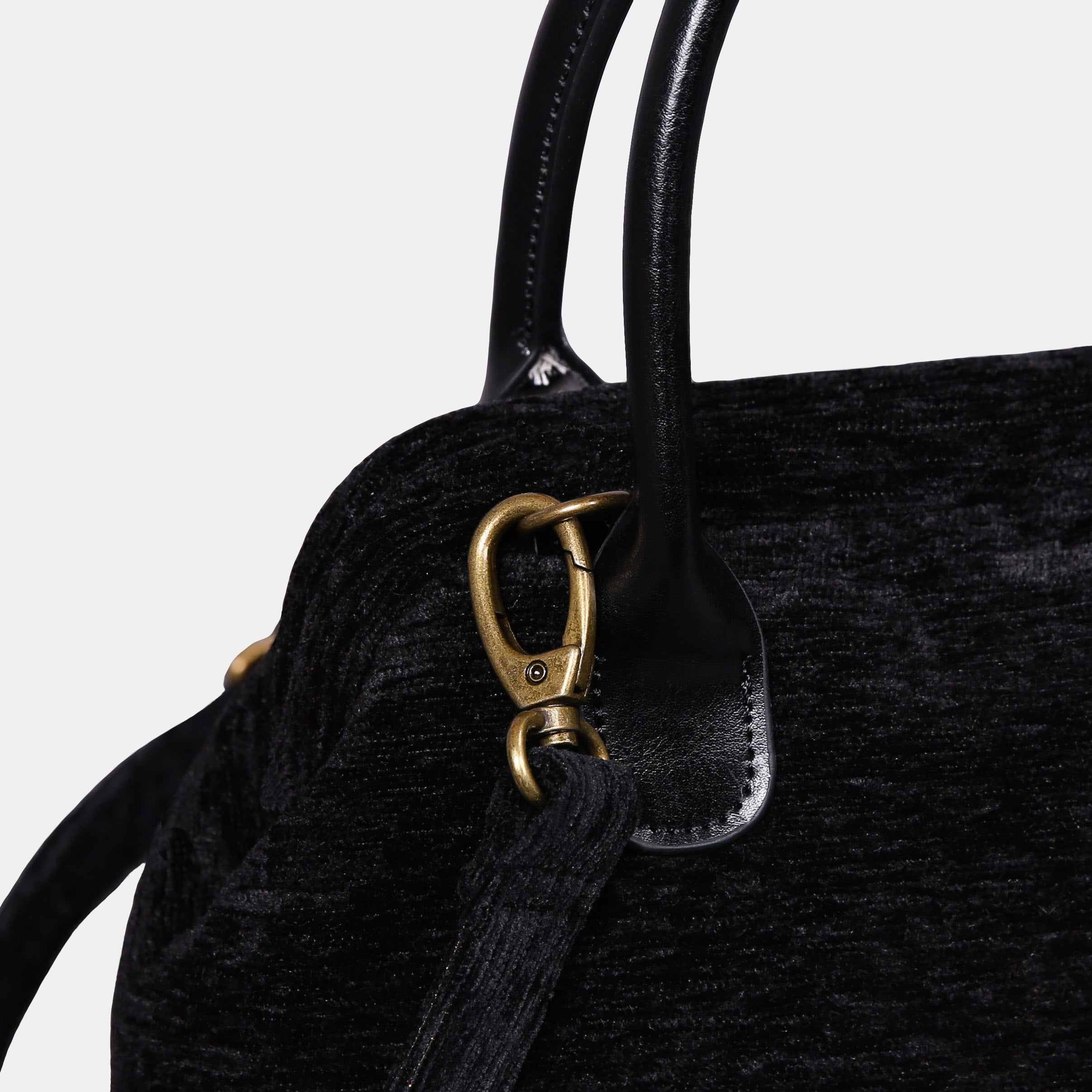 Solid Black Leather Brown Carpet Satchel detail