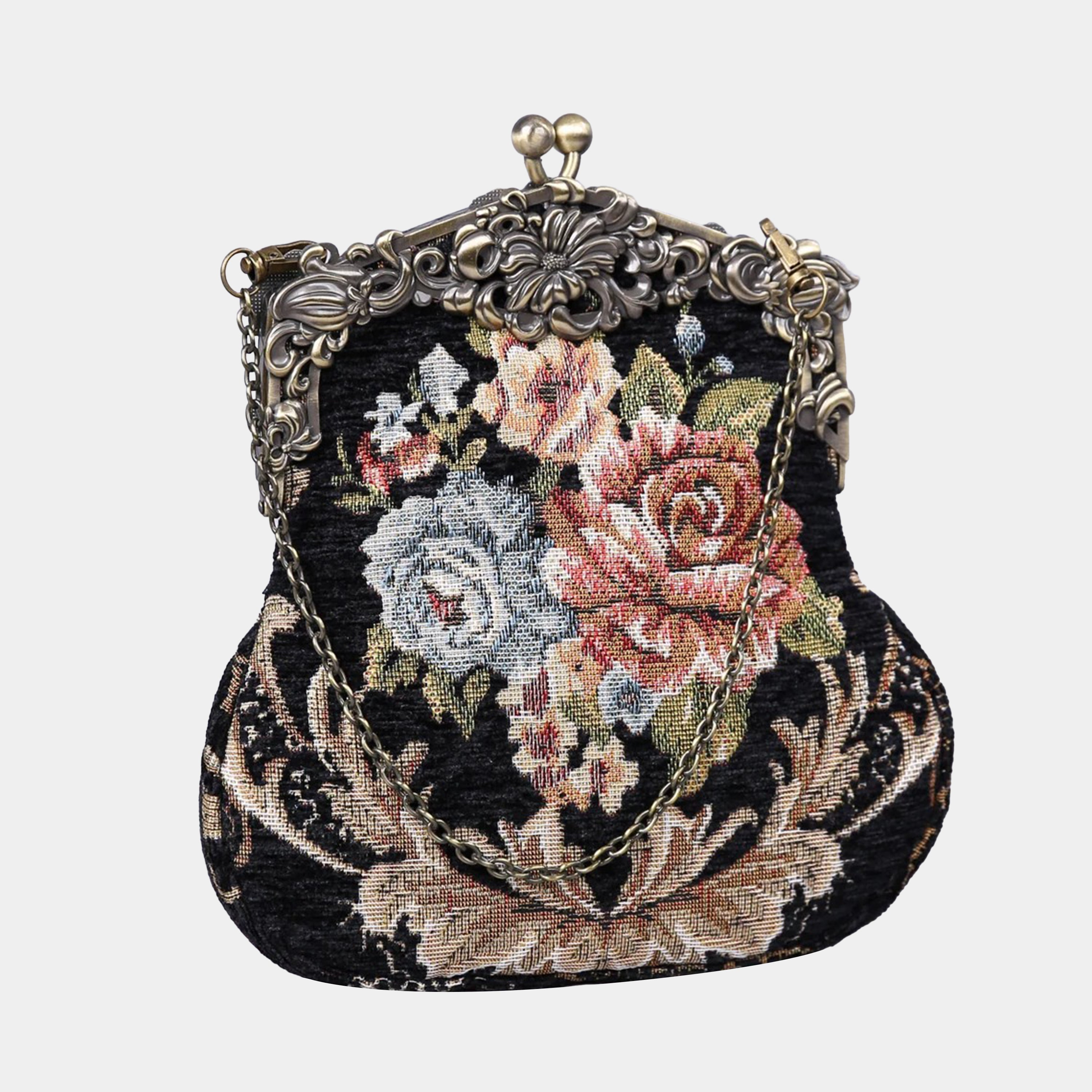 Floral Black Chatelaine Purse Large carpet bag MCW Handmade
