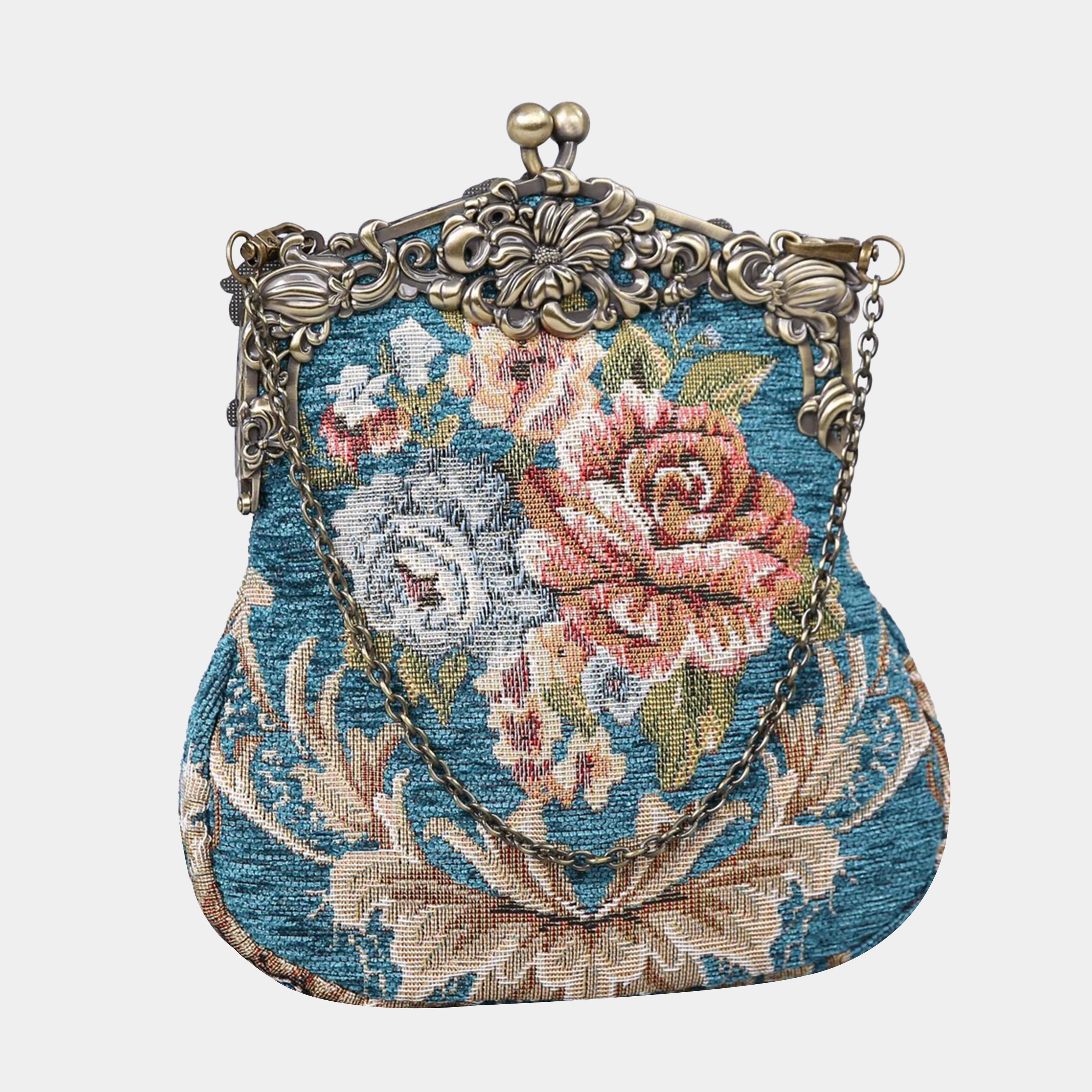 Floral Teal Chatelaine Purse Large carpet bag MCW Handmade