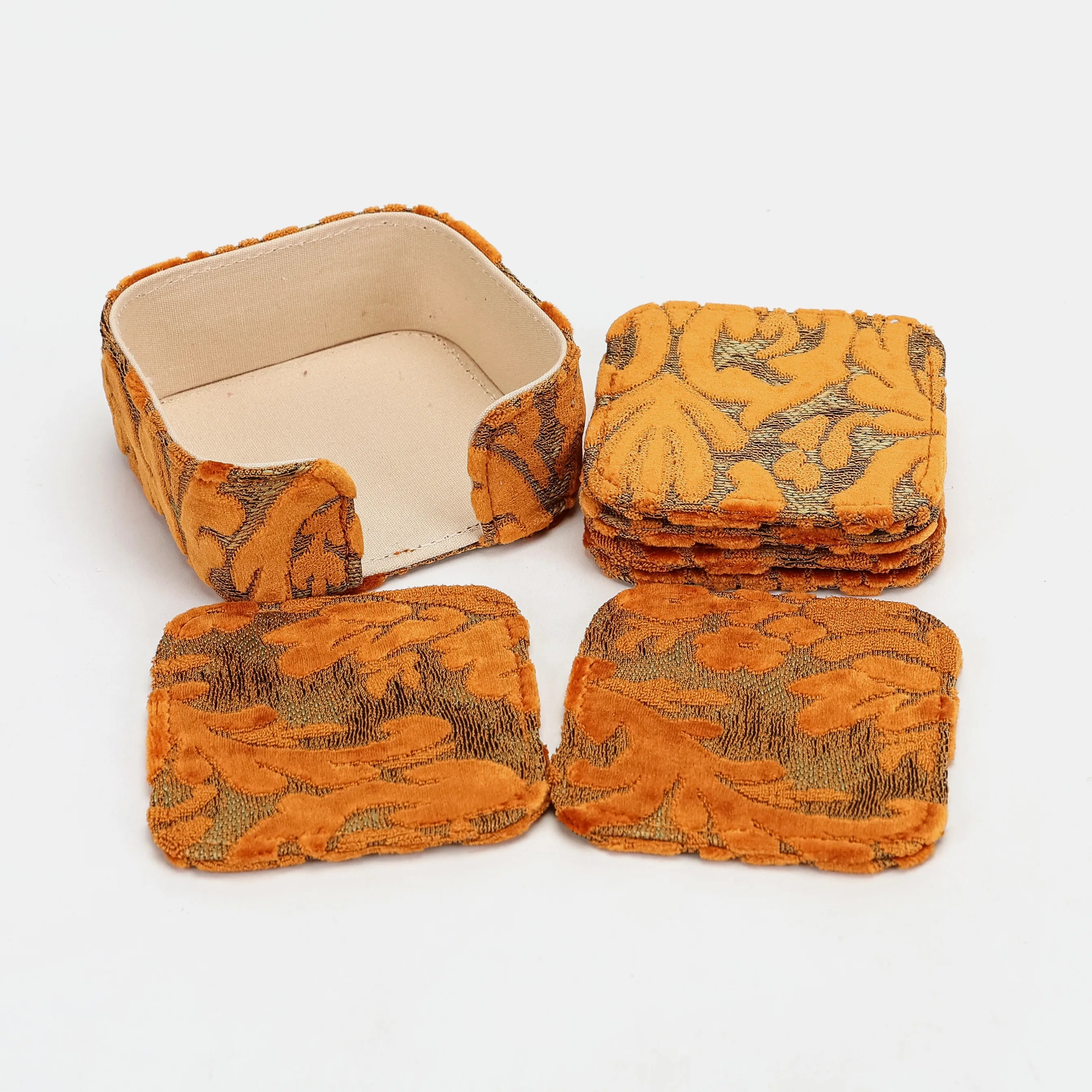 Burnout Velvet Orange Square Coaster Set with holder of America set details