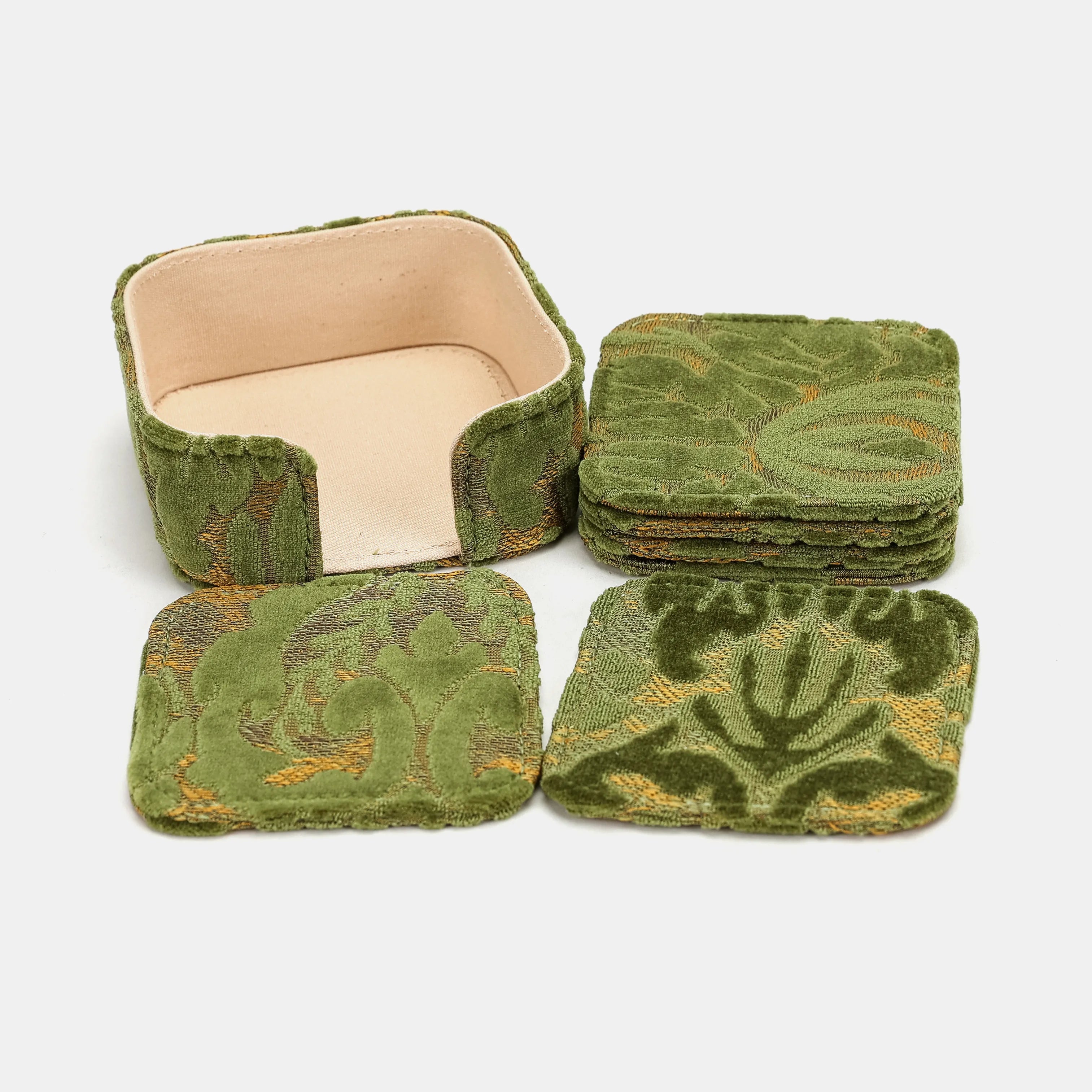 Burnout Velvet Fern Green Square Coaster Set with holder of America set details
