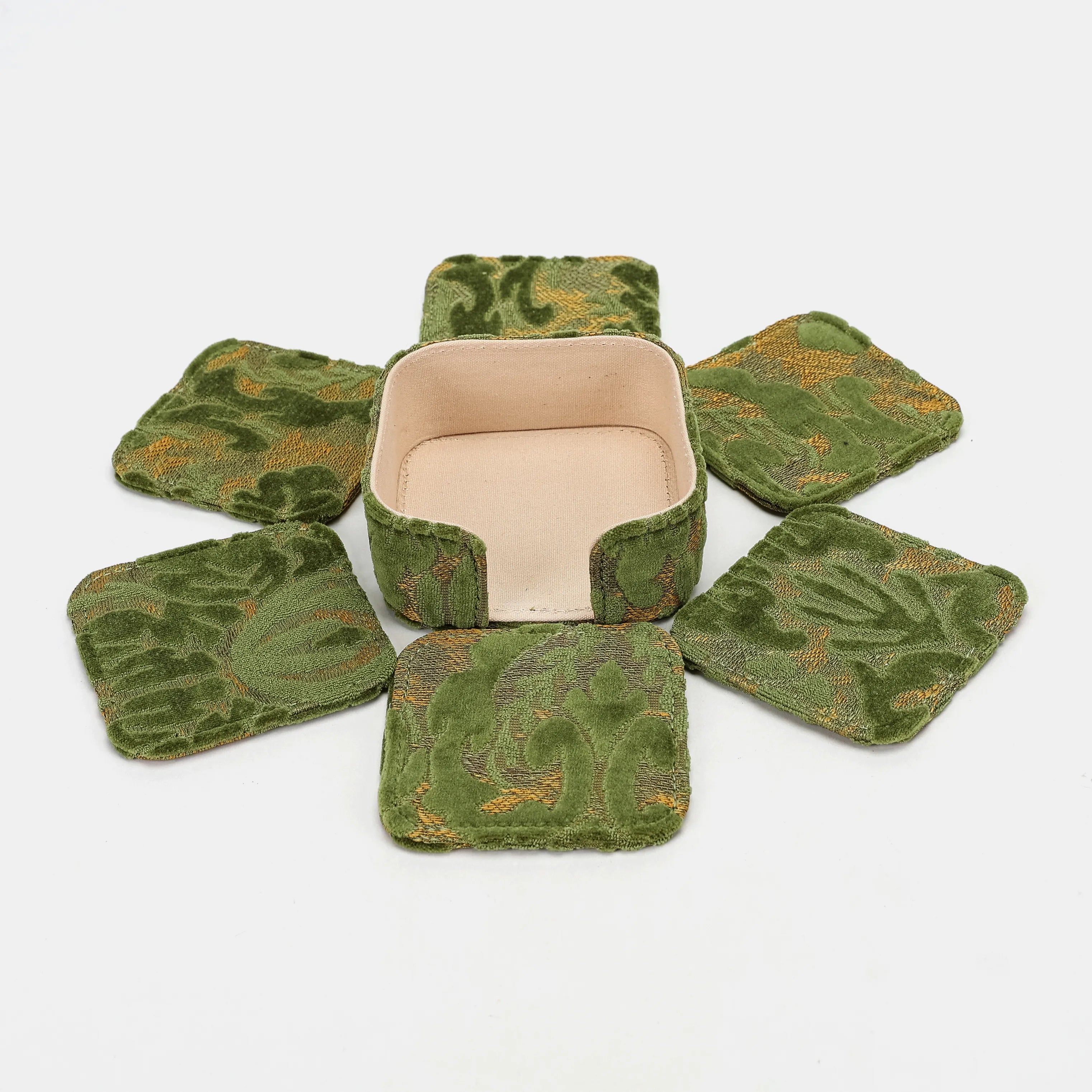 Burnout Velvet Fern Green Square Coaster Set with holder of America 6 pcs and holder