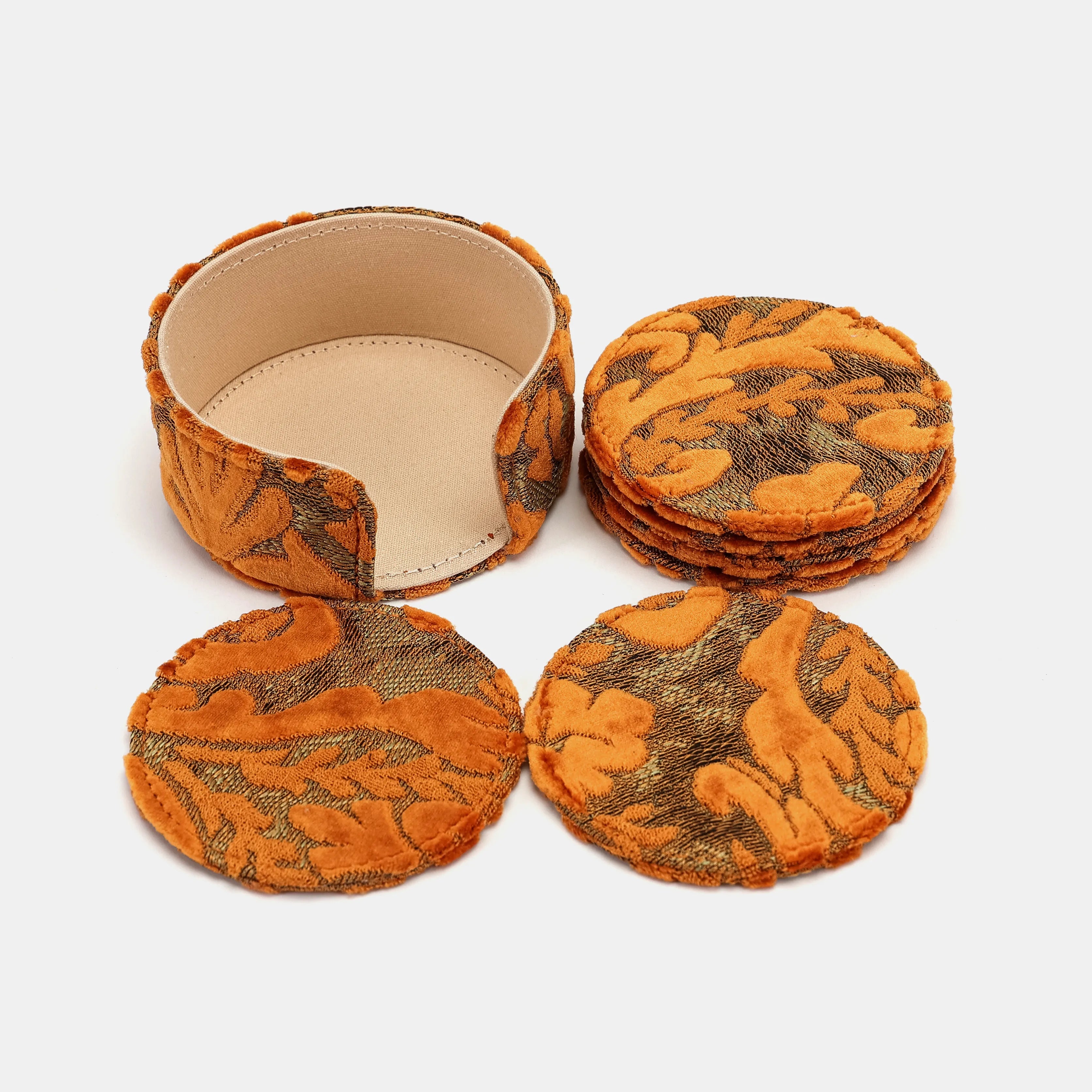 Burnout Velvet Orange Round Coaster Set with Holder of America-set details