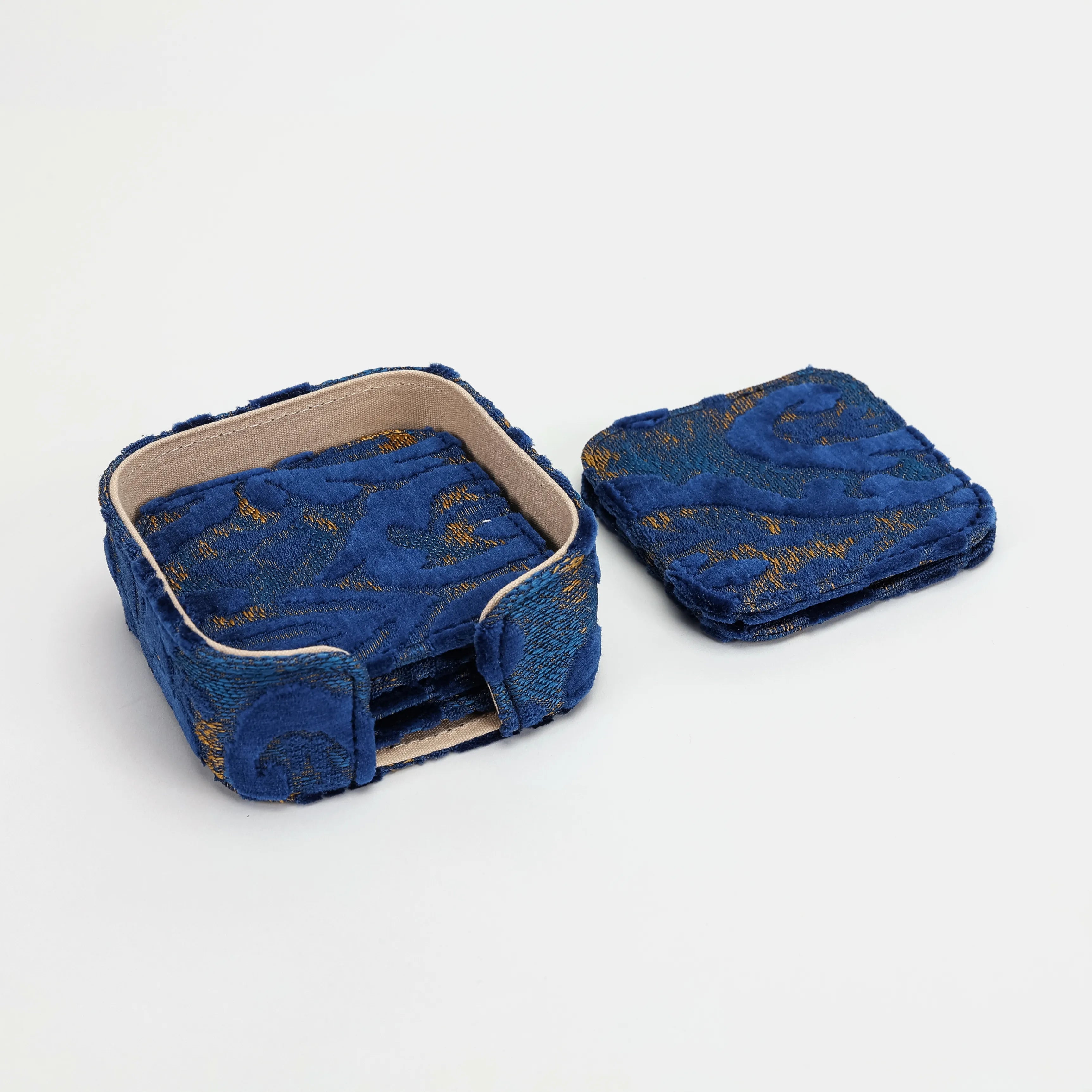 Burnout Velvet Navy Square Coaster Set with Holder of America-details