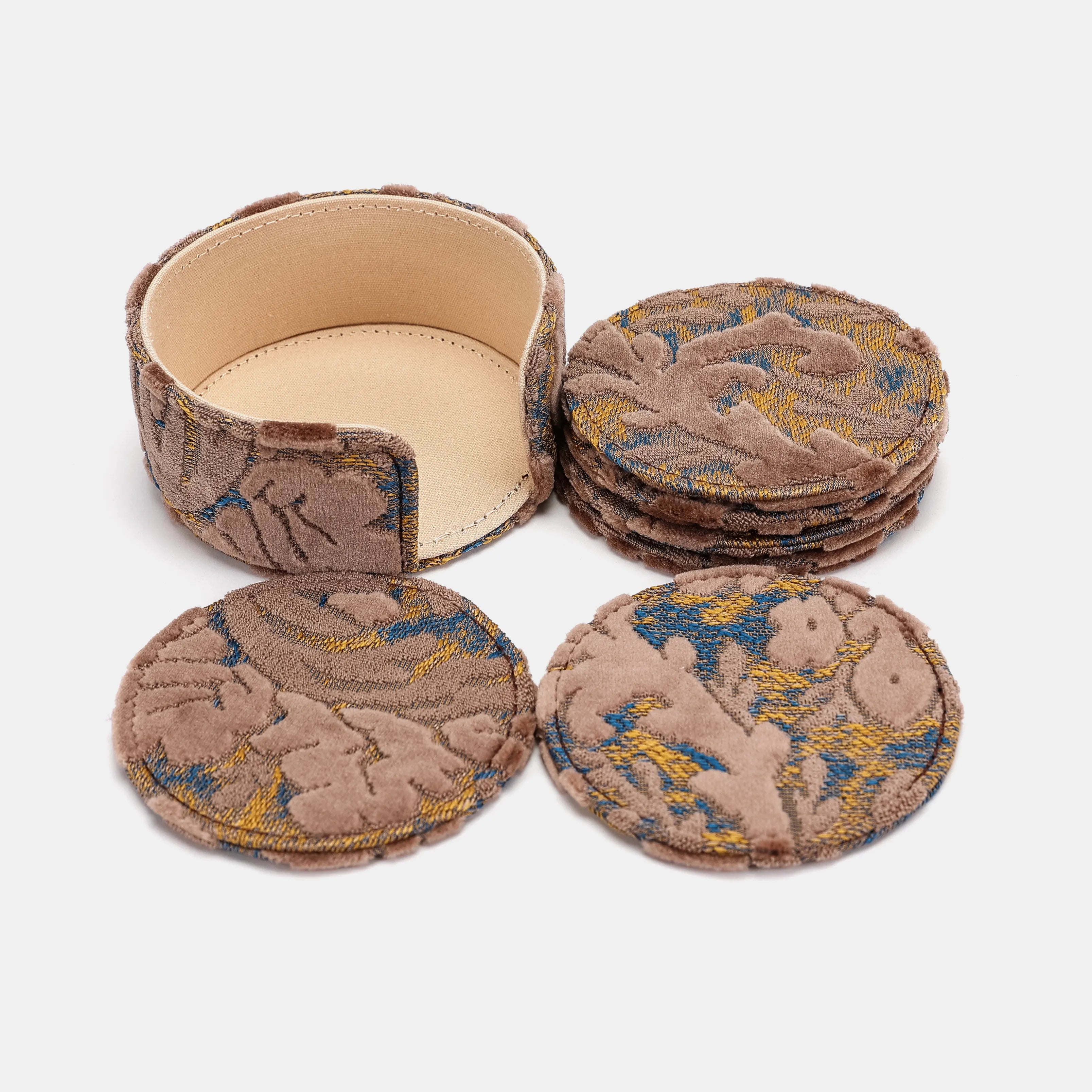 Burnout Velvet Camel Round Coaster Set with Holder of America-set details