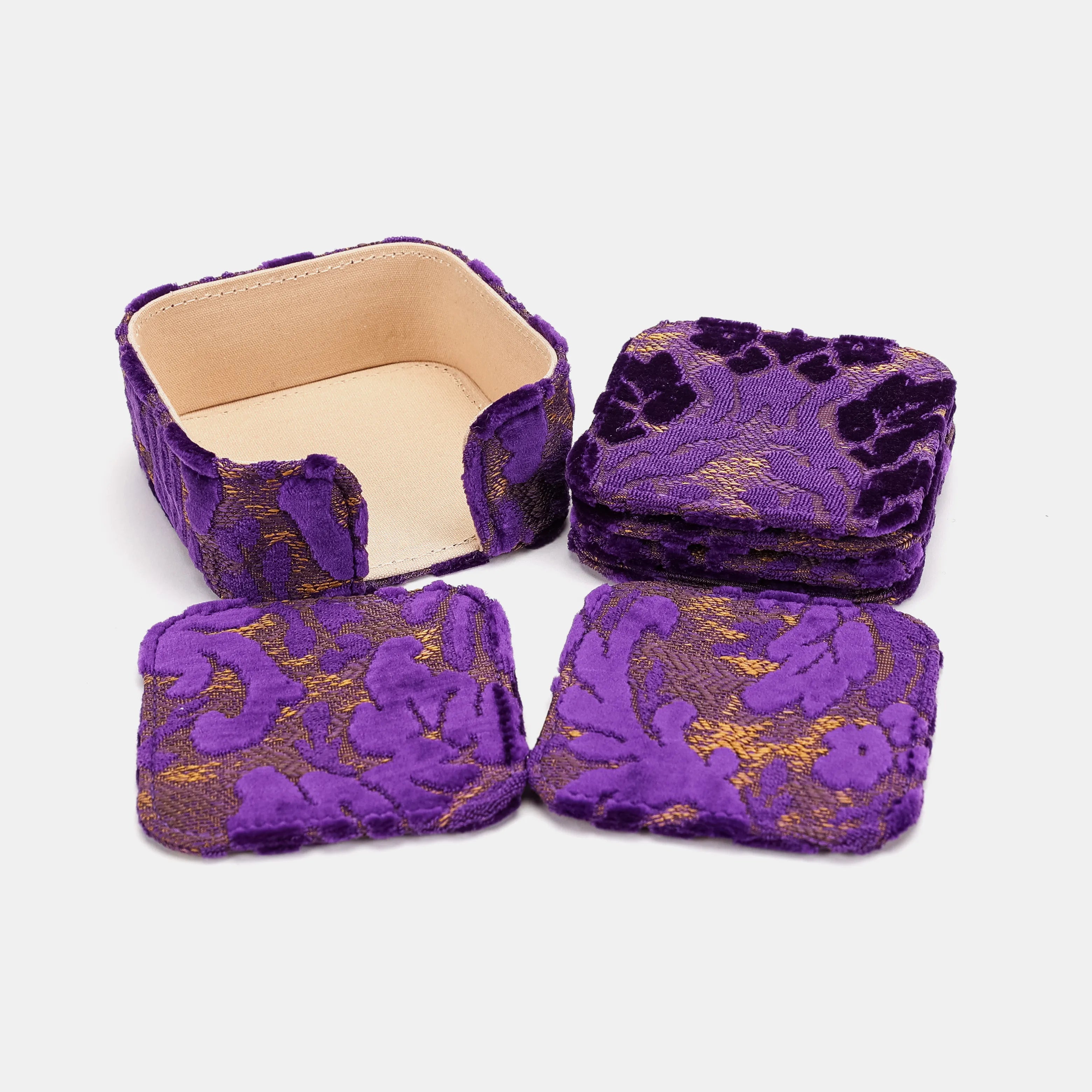 Burnout Velvet Purple Square Coaster Set with Holder of America-set details