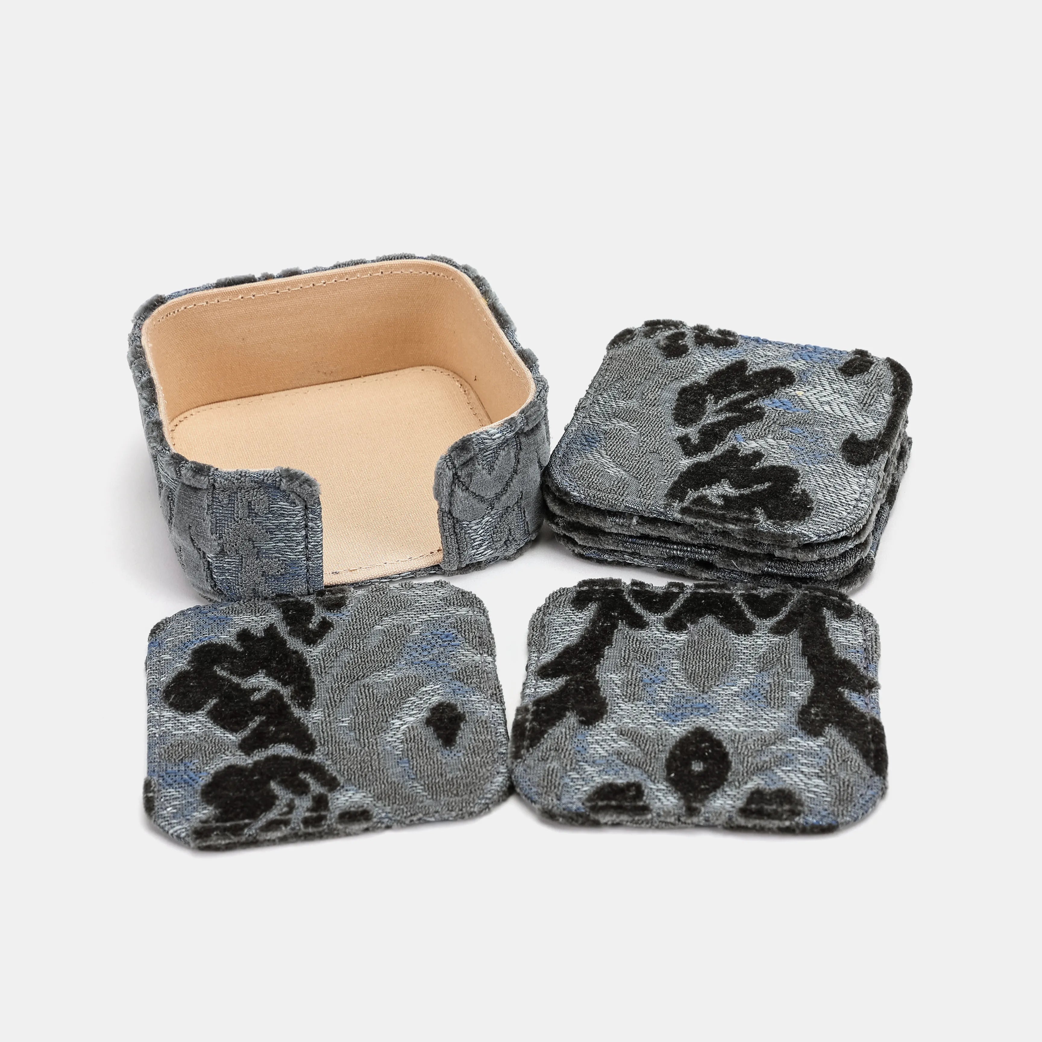 Burnout Velvet Steel Blue Square Coaster Set with Holder of America-set details