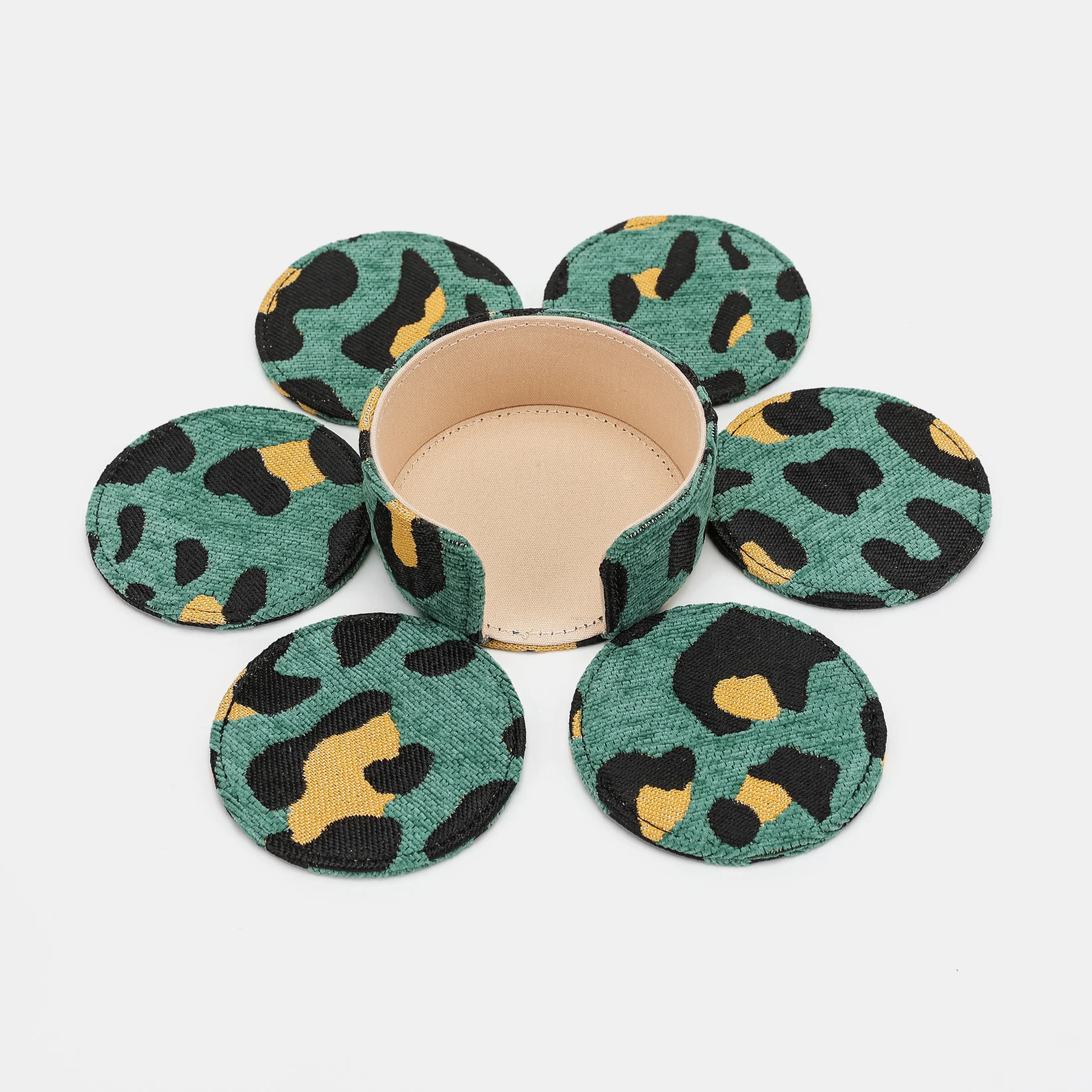 Leopard Green Round Coaster Set with Holder of America-6 pcs with holder