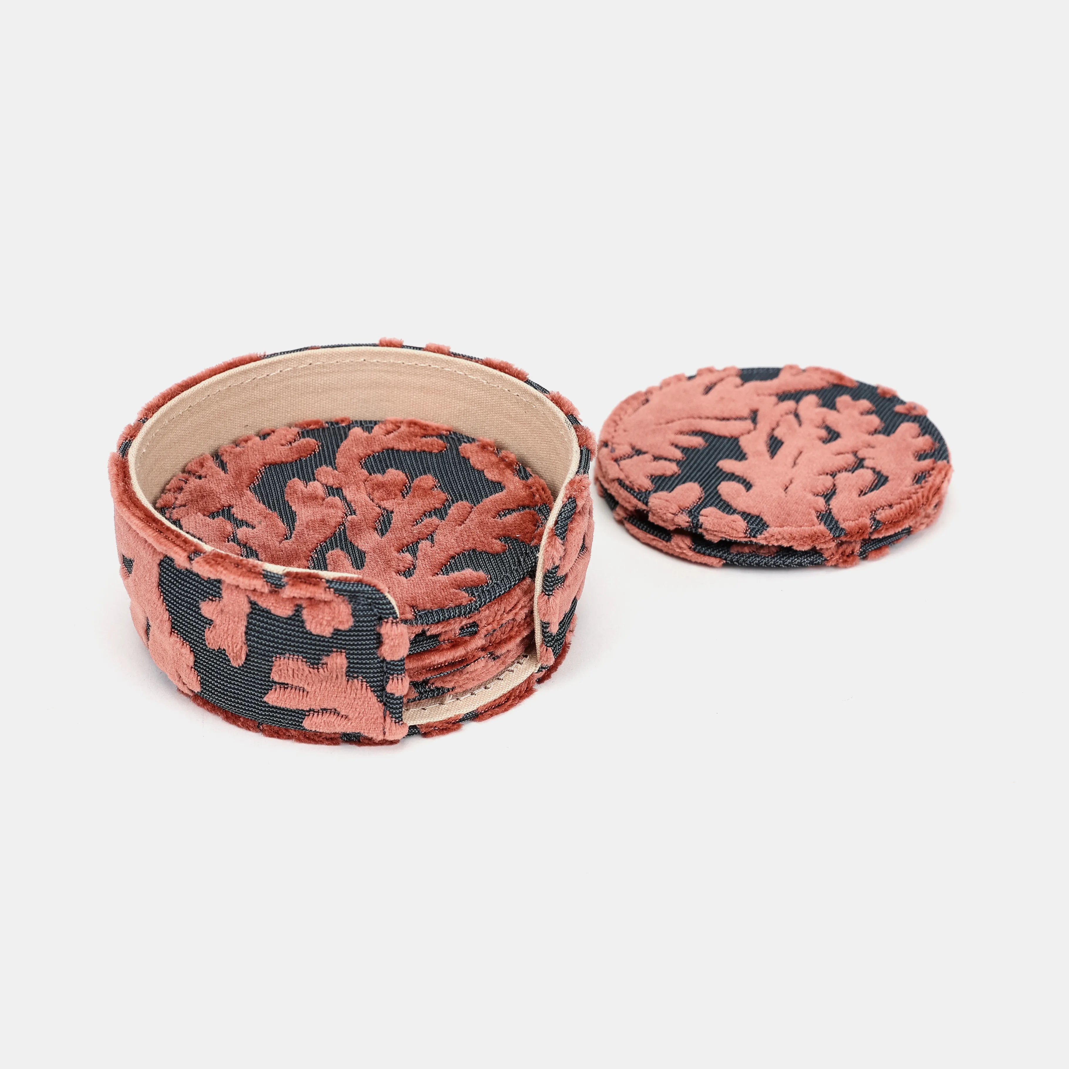 Burnout Velvet St Tropez Scuba Coral Round Coaster Set with Holder display