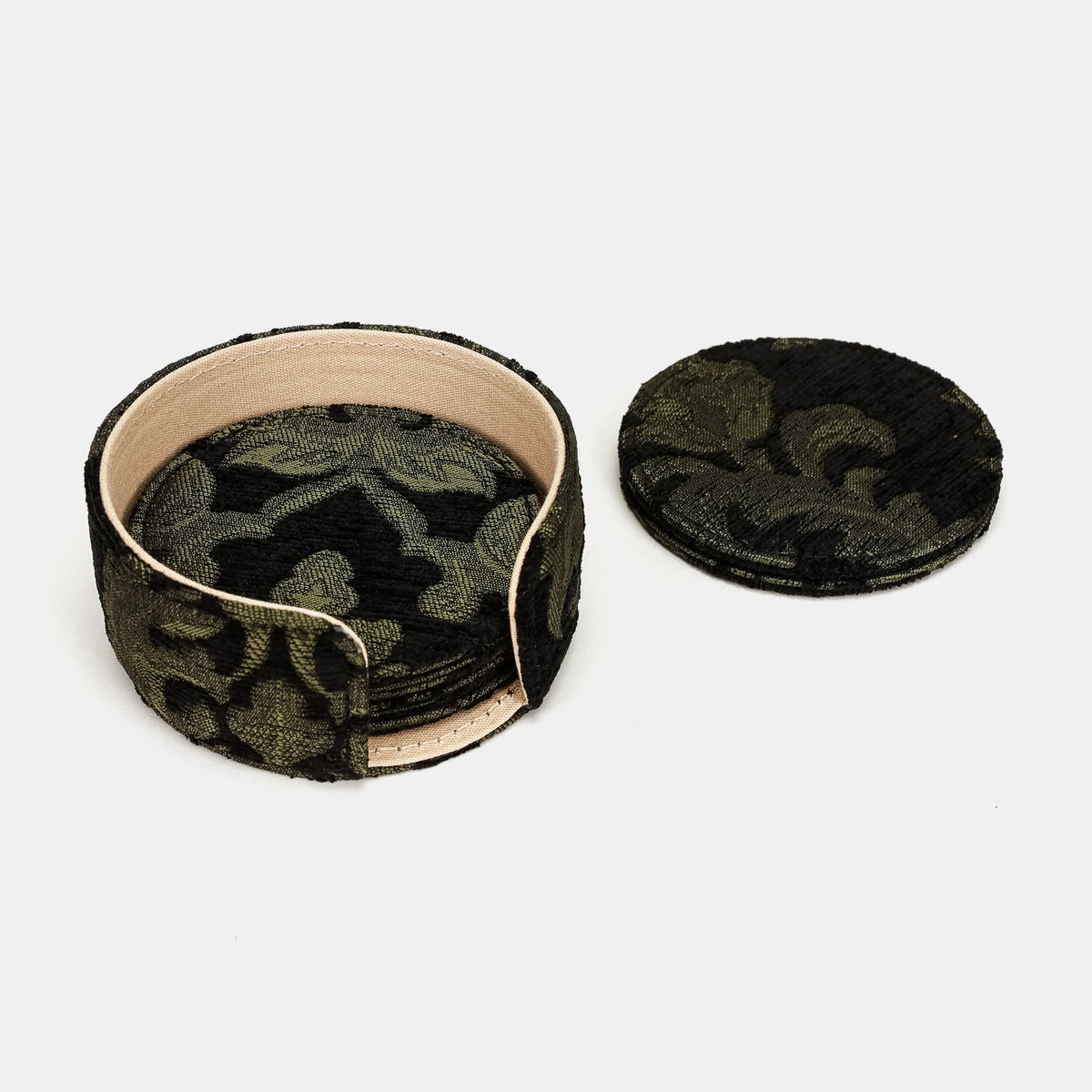 Victorian Blossom Black/Green Round Coaster Set with Holder overview