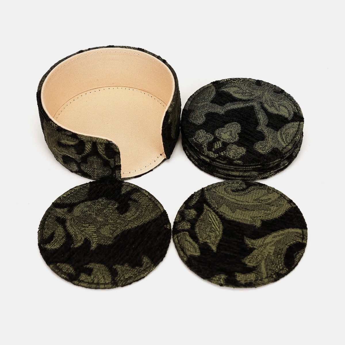 Victorian Blossom Black/Green Round Coaster Set with Holder main