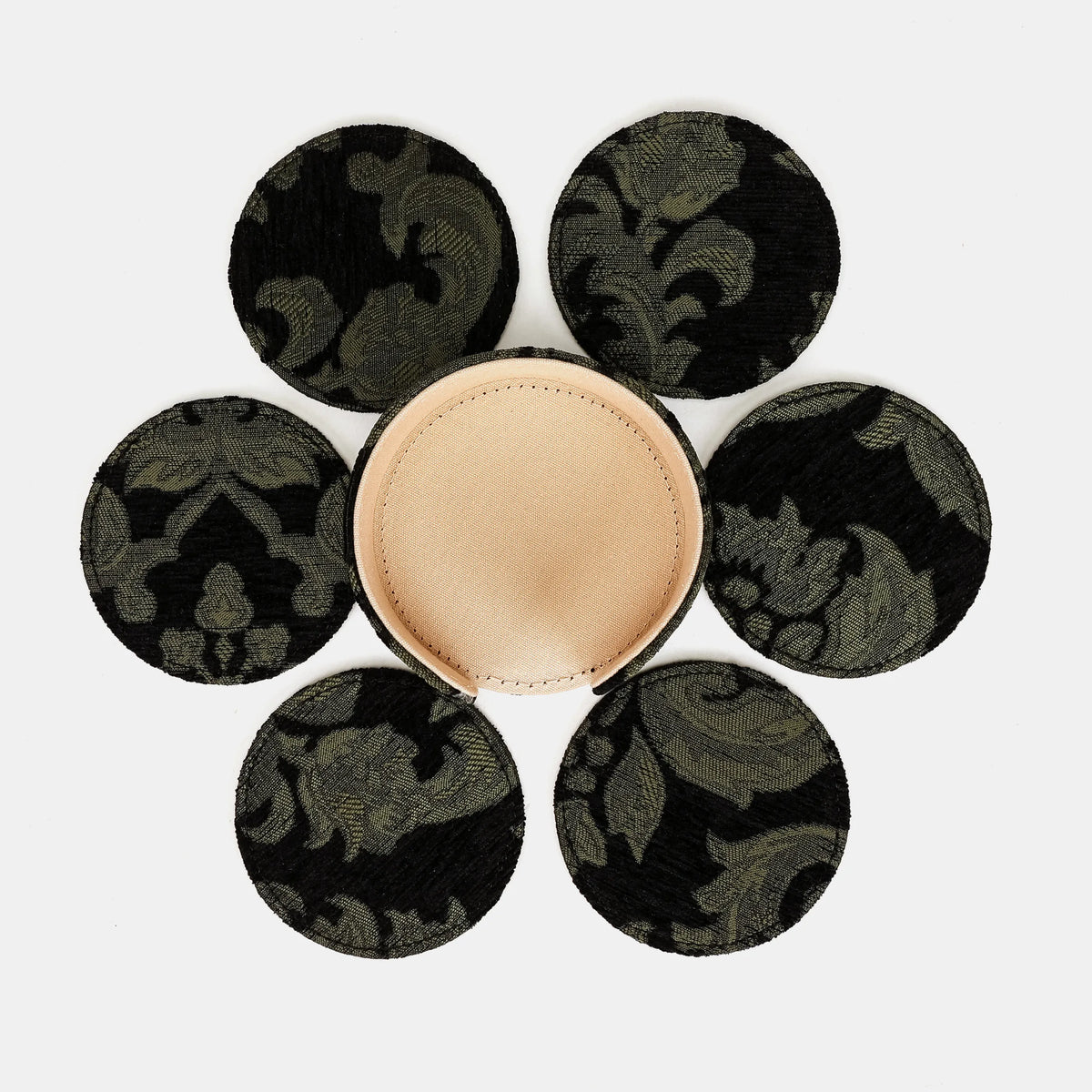 Victorian Blossom Black/Green Round Coaster Set with Holder 6 pcs