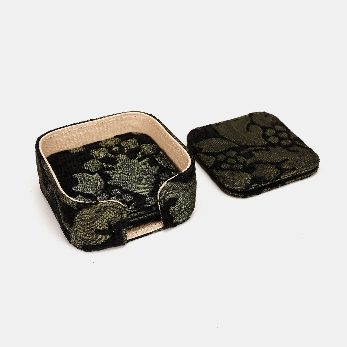 Victorian Blossom Black/Green Square Coaster Set with Holder overview