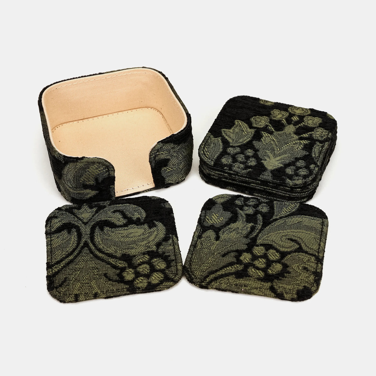 Victorian Blossom Black/Green Square Coaster Set with Holder main