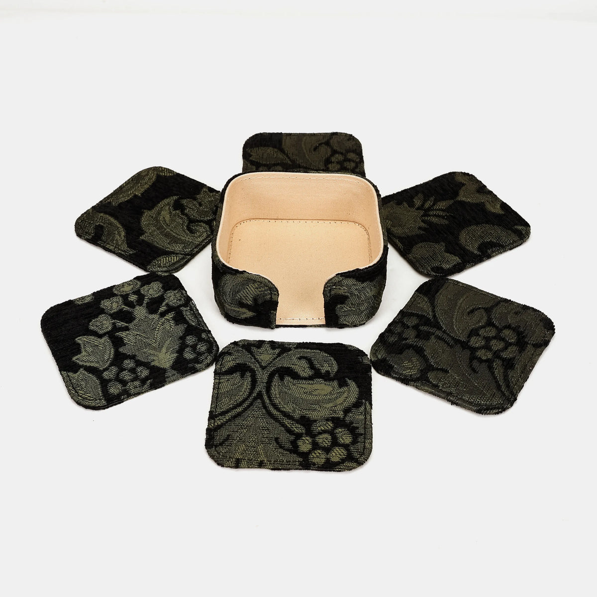 Victorian Blossom Black/Green Square Coaster Set with Holder set