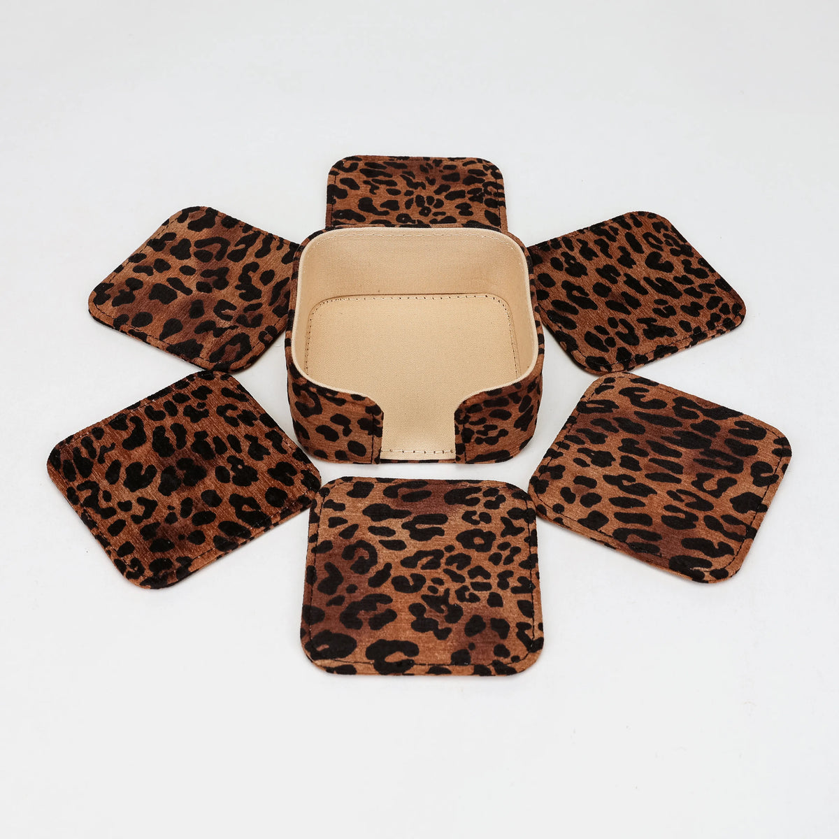 Leopard Classic Square Coaster Set with Holder of America 6 pcs with shoulder