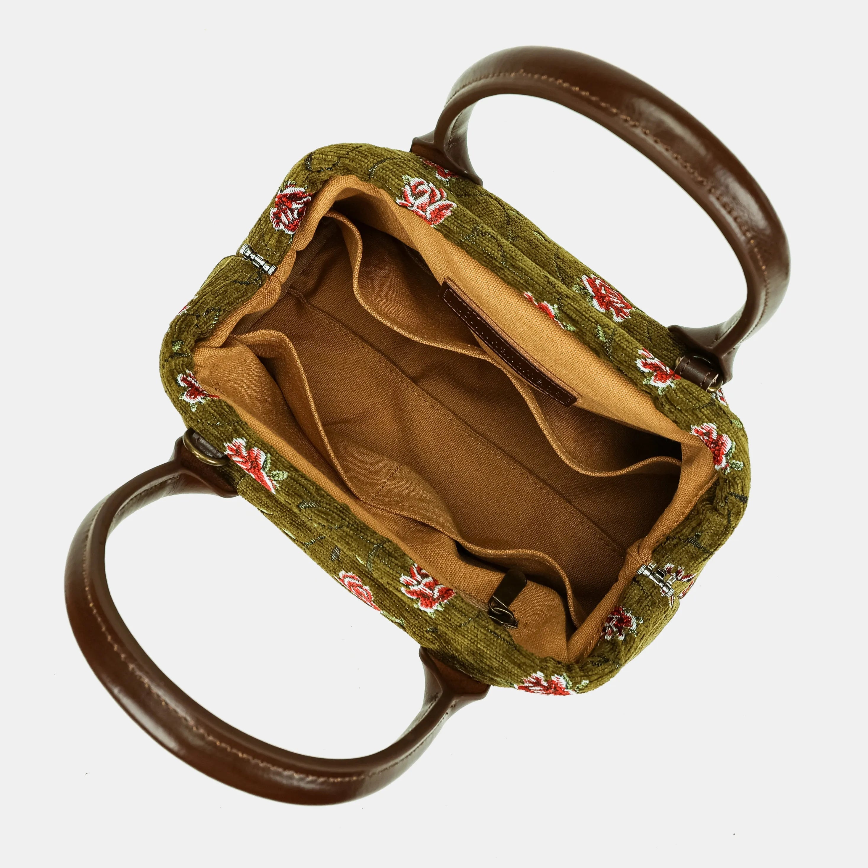 Climbing Rose Avocado Carpet Satchel Carpetbag of America inside