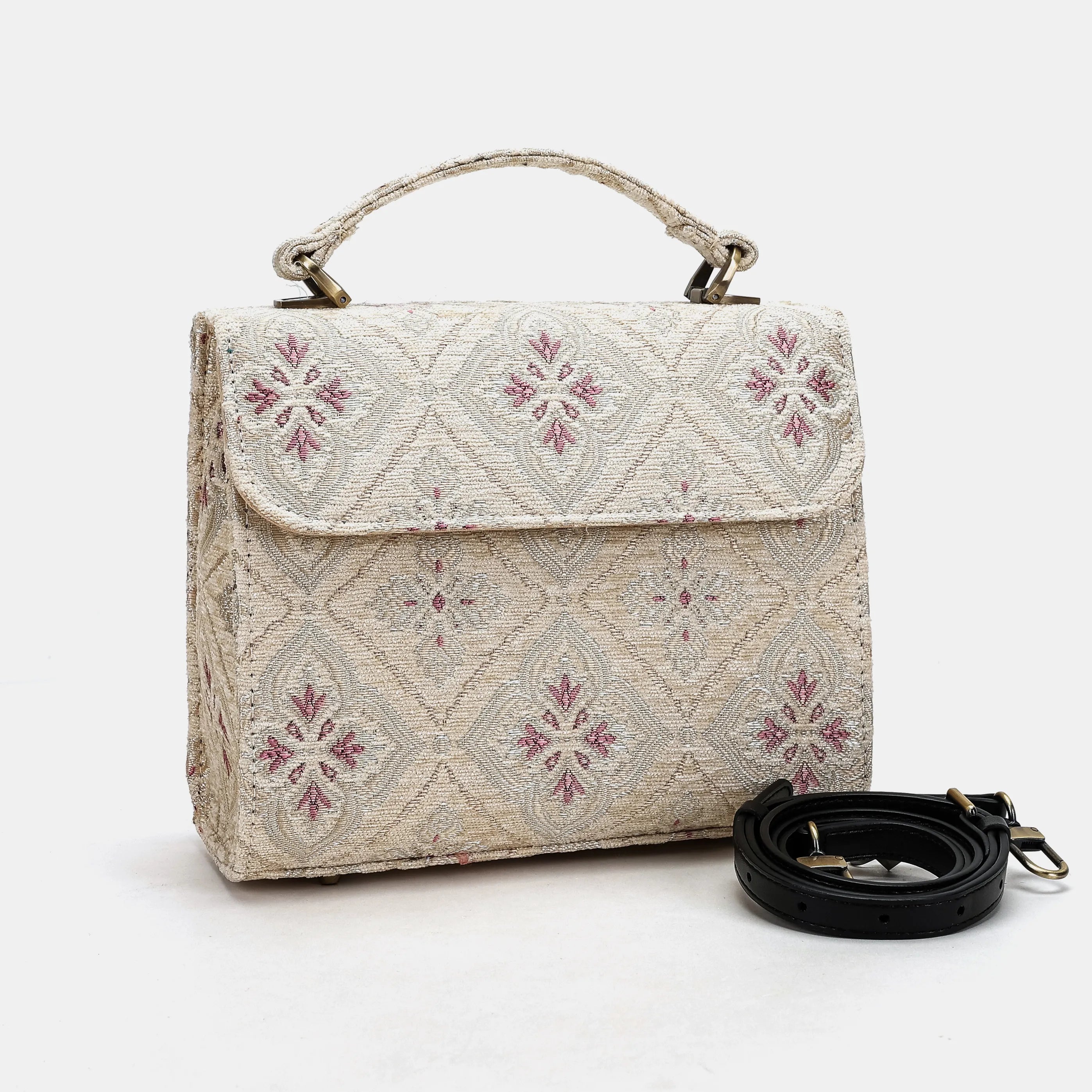 Ethnic Cream Flap Satchel Carpetbag of America with shoulder strap