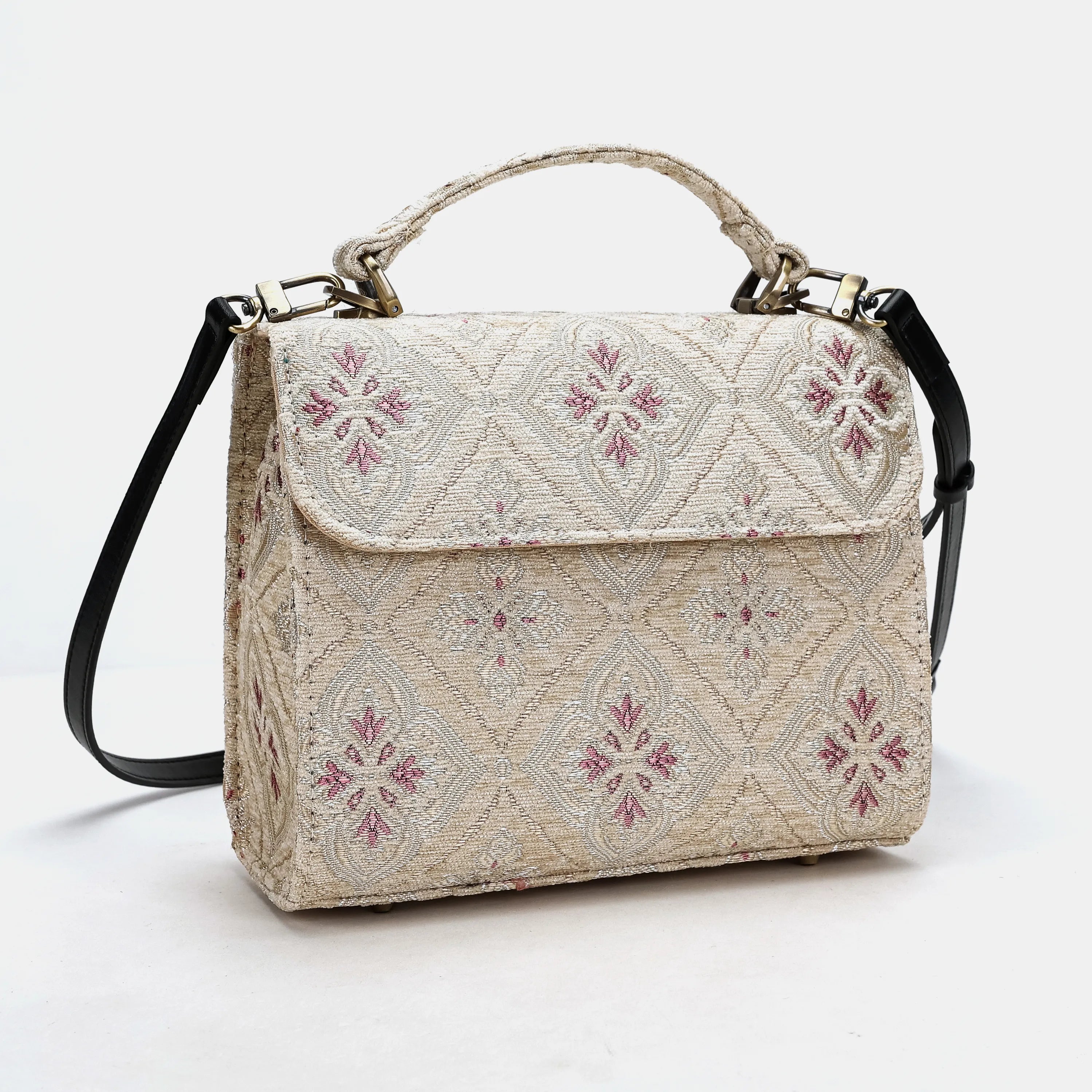 Ethnic Cream Flap Satchel Carpetbag of America front side