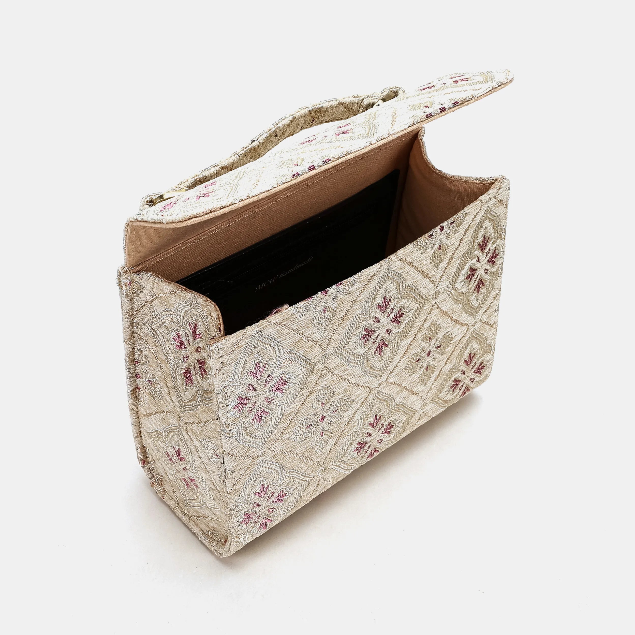 Ethnic Cream Flap Satchel Carpetbag of America opening