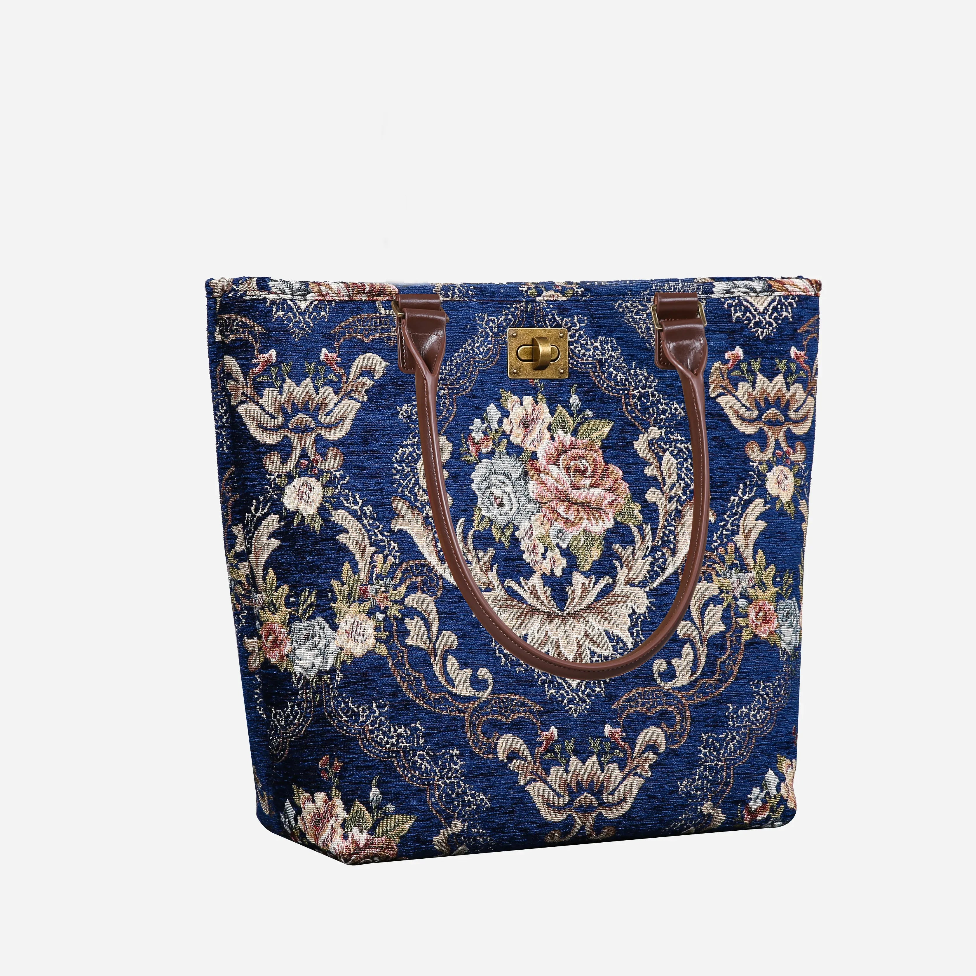 Floral Blue Carpet Tote Shopper Carpetbag of America handle down