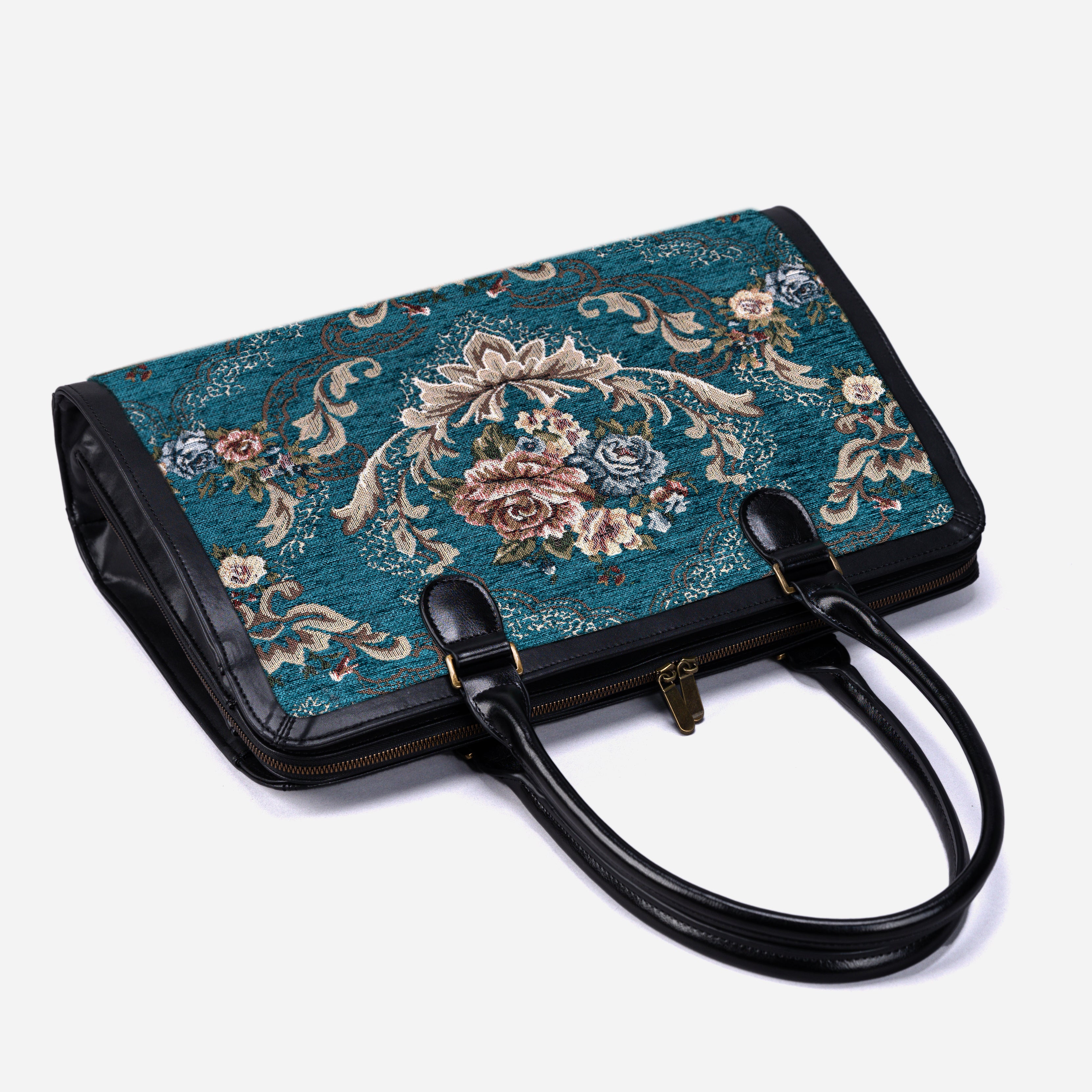 Floral Teal Business Tote lay flat