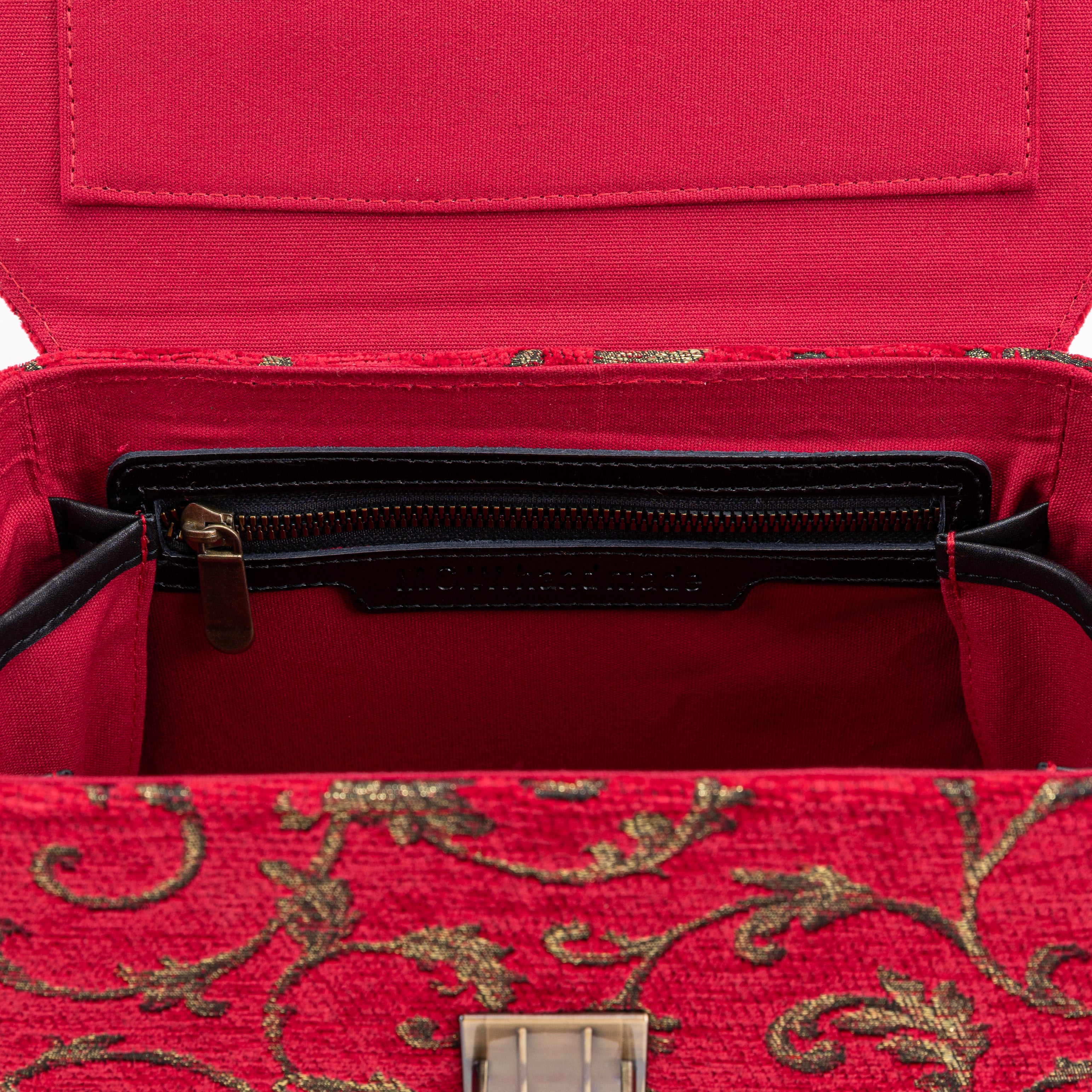 Vintage Scroll Red Clara Medium Train Case Purse of America inside pocket