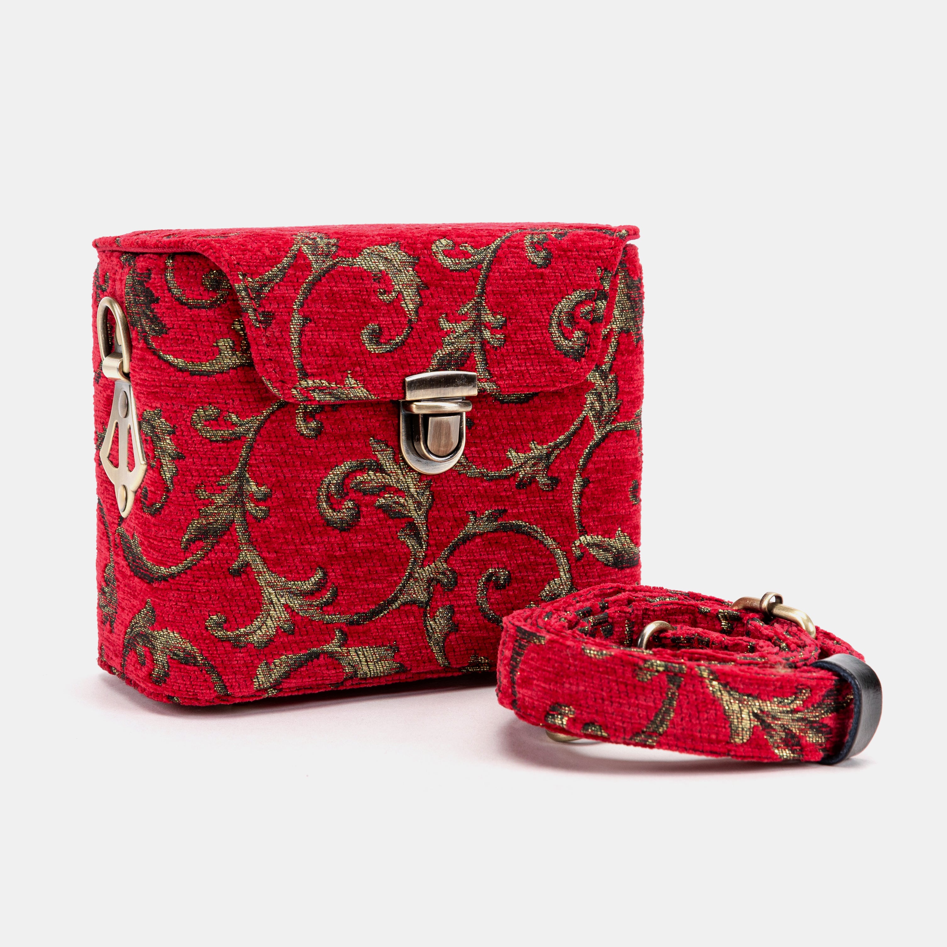 Vintage Scroll Red Emma Small Train Case Crossbody of America with shoulder strap