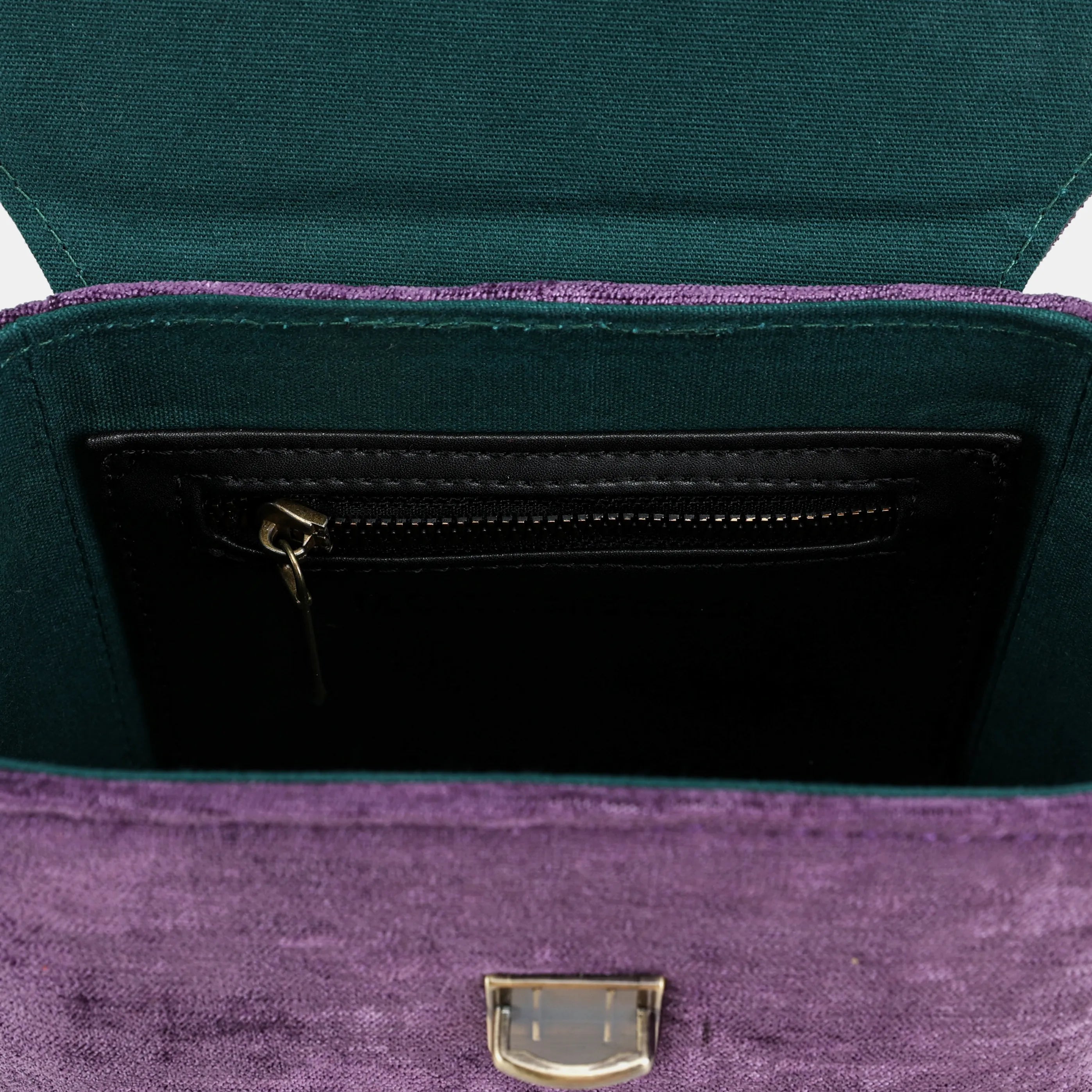 Solid Purple Emma Small Train Case Crossbody of America inside pocket