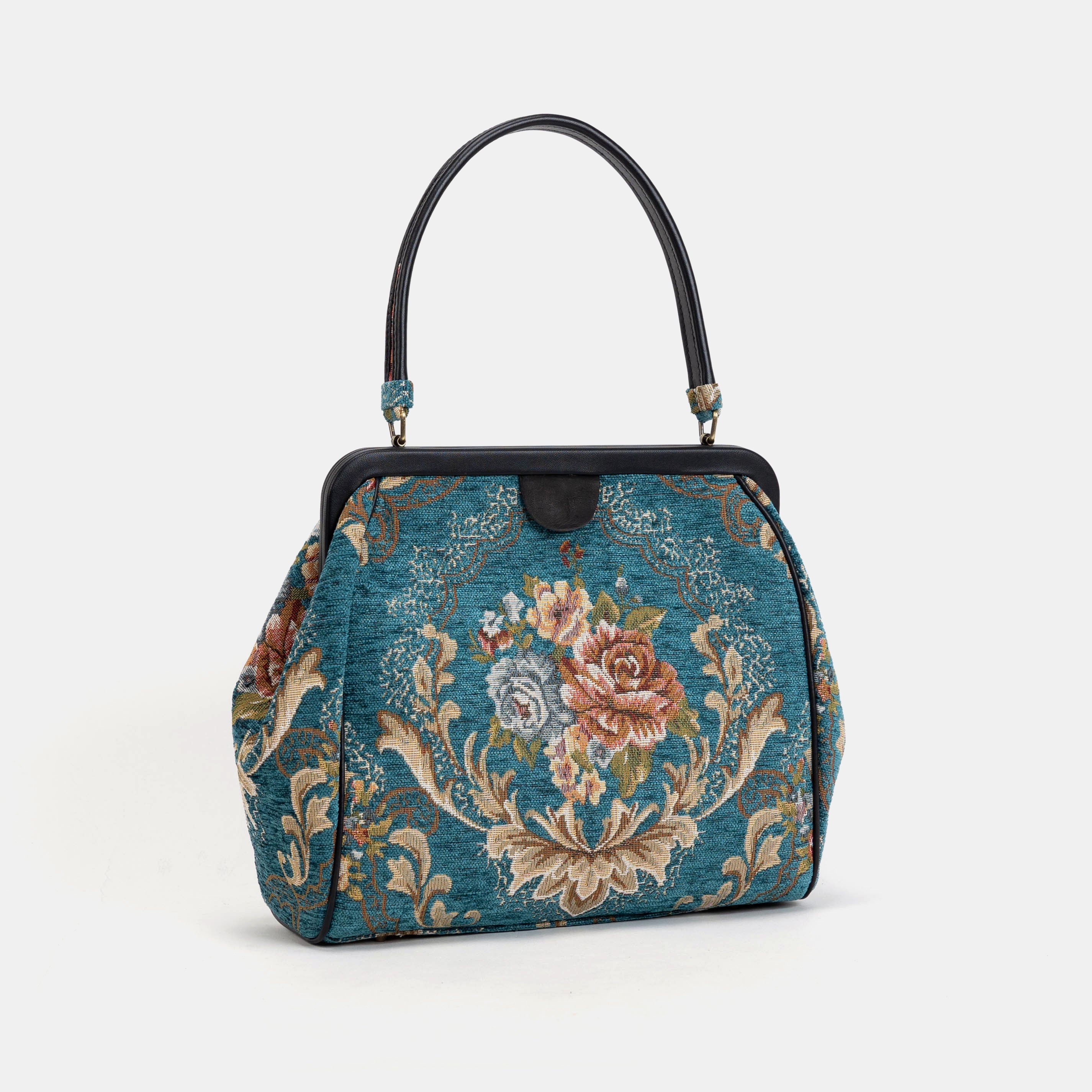 Floral Teal Alma Shoulder Bag Carpet Bag of America front side