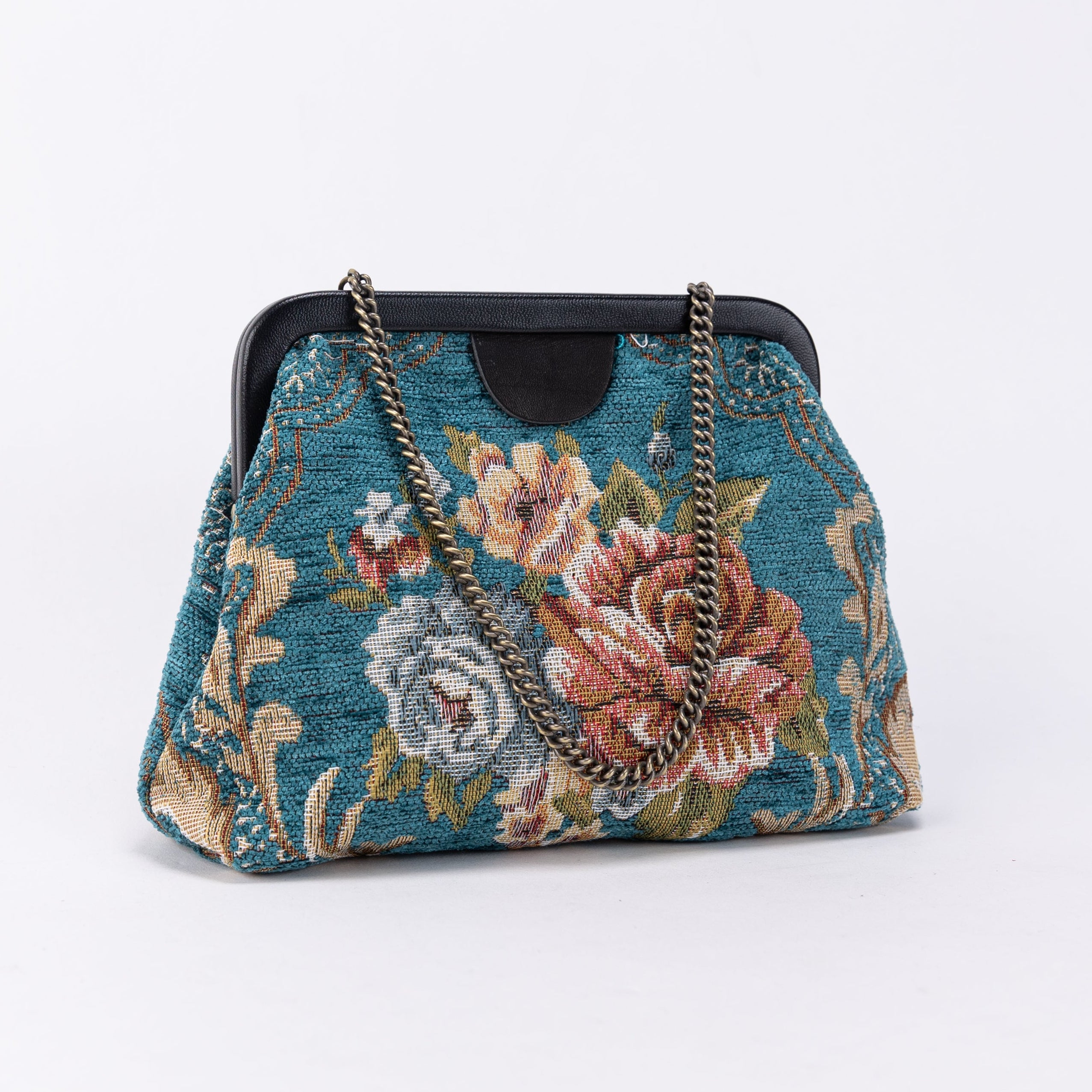 Floral Teal Alma Evening Clutch Carpet Bag of America front side