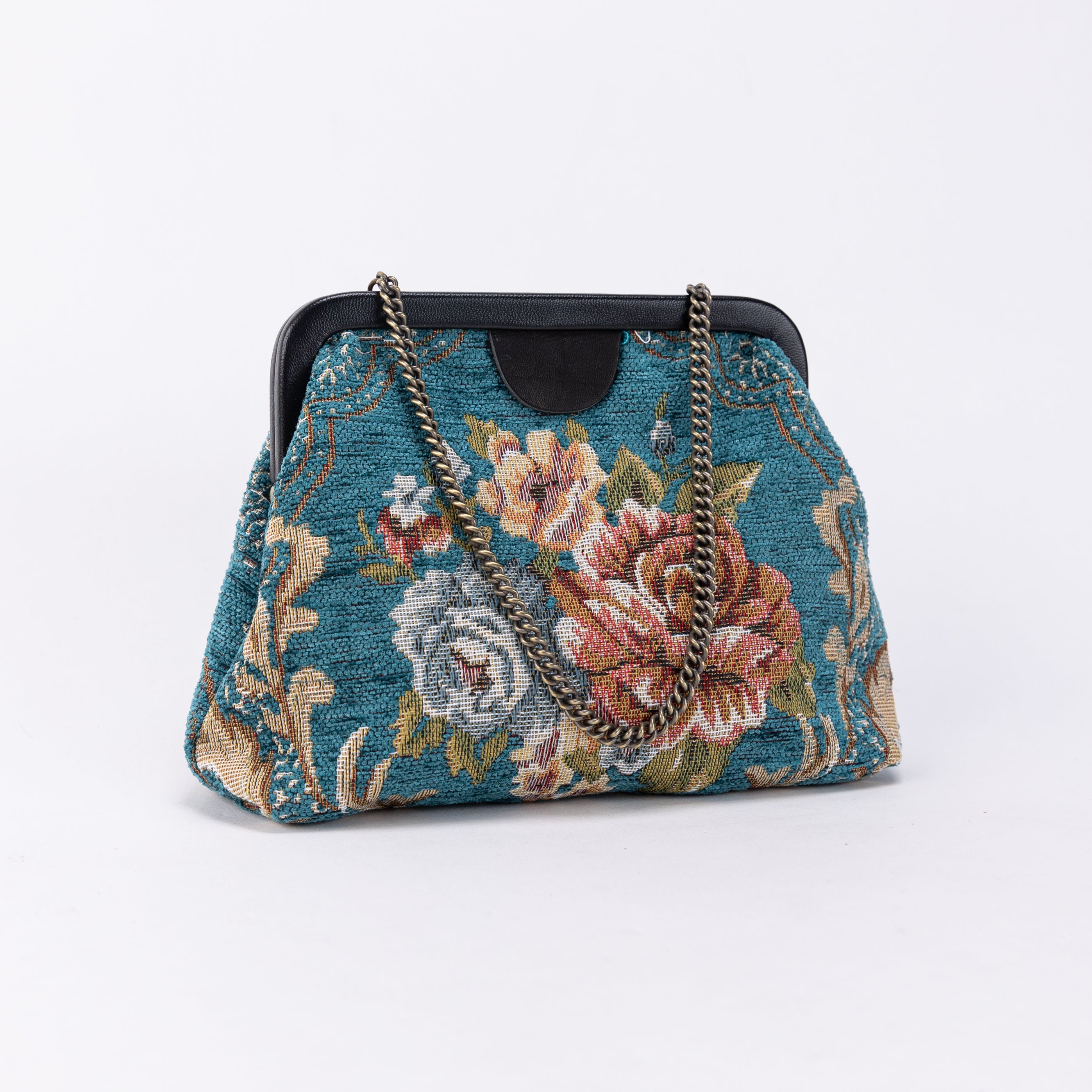 Floral Teal Alma Evening Clutch Carpet Bag of America front side