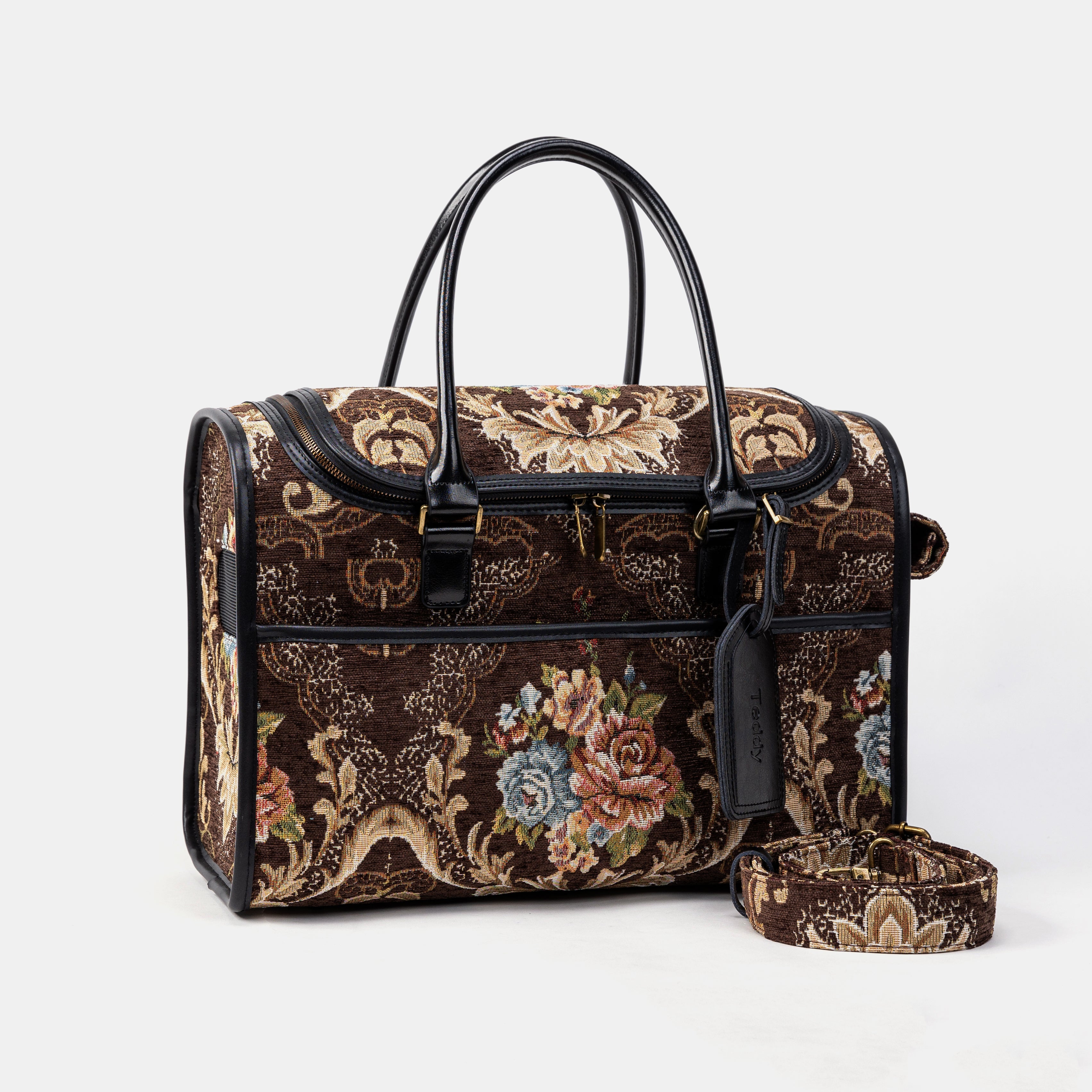 Travel Dog Carrier Bag Floral Brown Shoulder Strap
