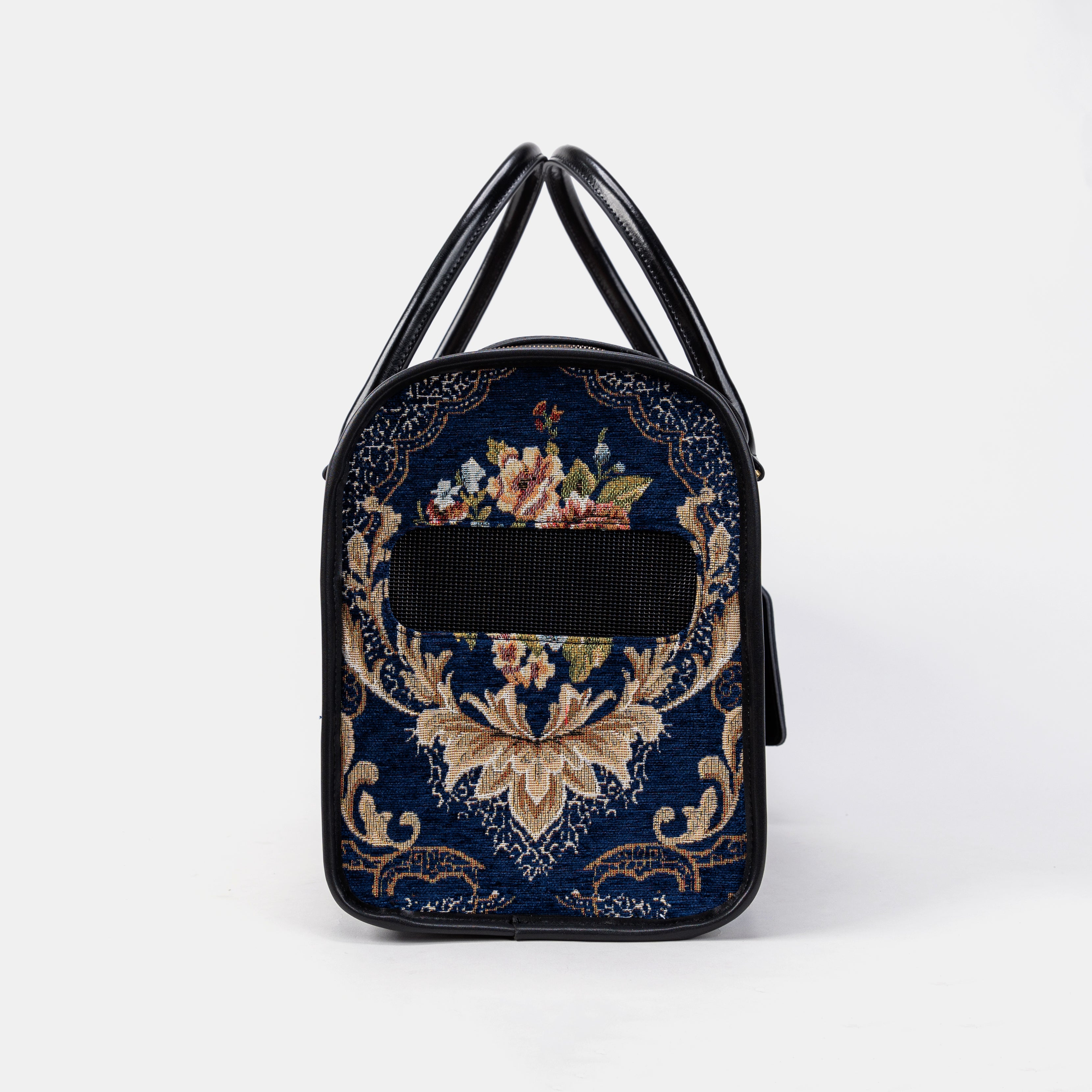 Travel Dog Carrier Bag Floral Blue Side Mesh