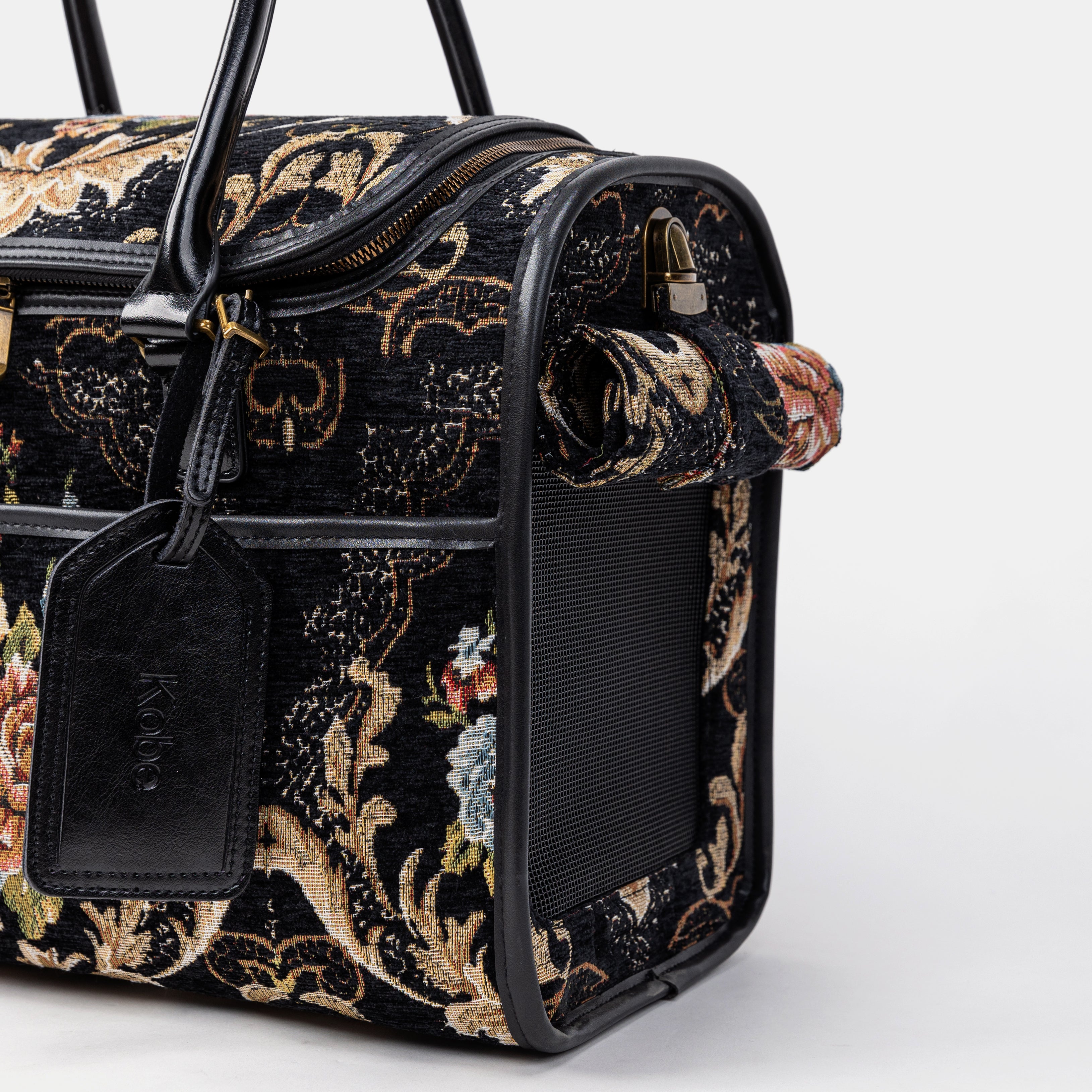 Travel Dog Carrier Bag Floral Black  Tag